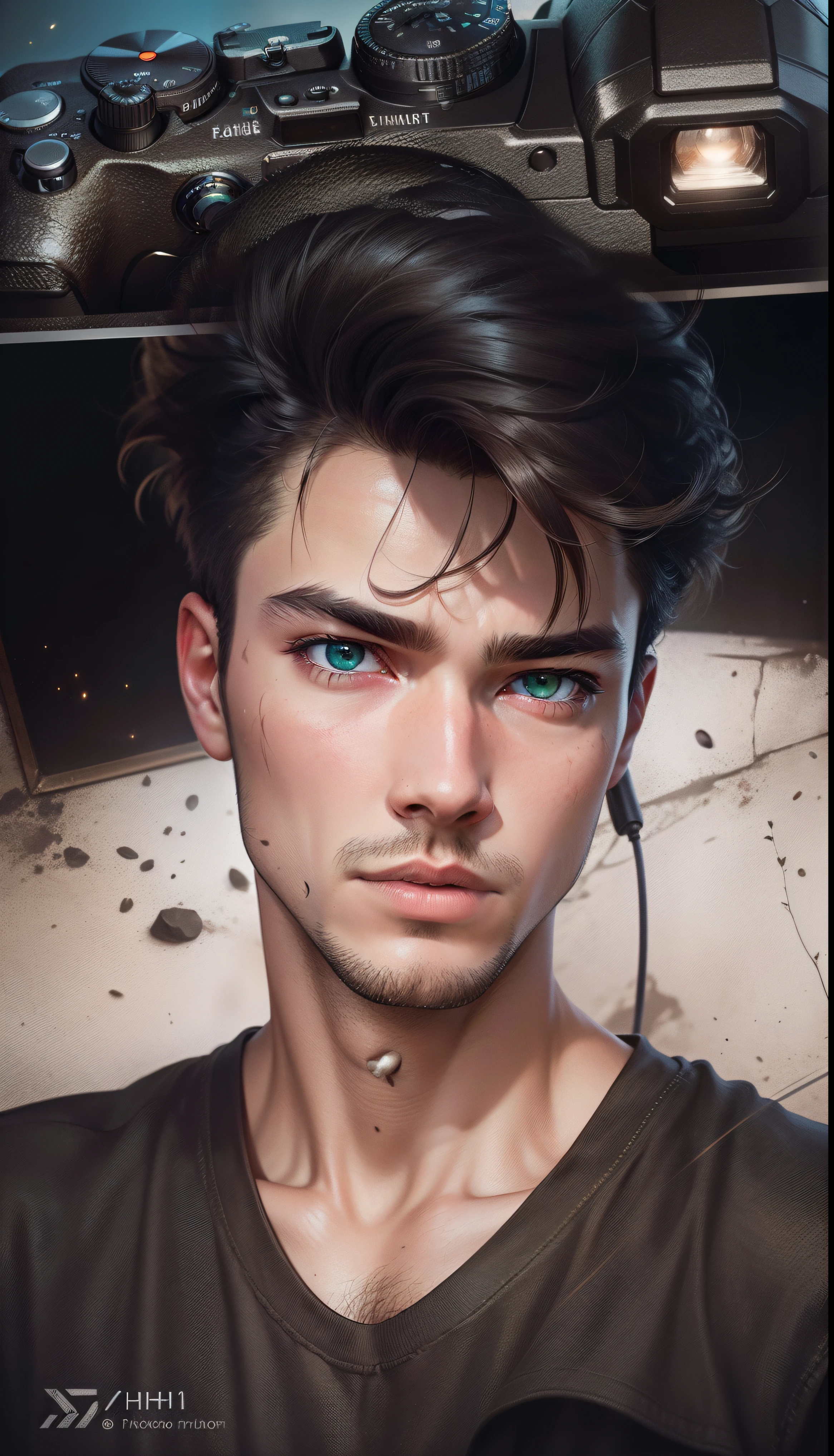 masterpiece, 25 years old strong man (night between fireflies), (high detail: 1 1), rough face, natural skin, high quality, nsfw, beautiful green eyes, (detailed face and eyes), (face: 1 2), noise, extra, real photo, psd, lamp film photography, sharp focus, contrast lighting, detailed skin, high resolution 8k, crazy detail, realistic, professional photography, 8k UHD, SLR camera, soft lighting, high quality, grain film, Fujifilm XT3
