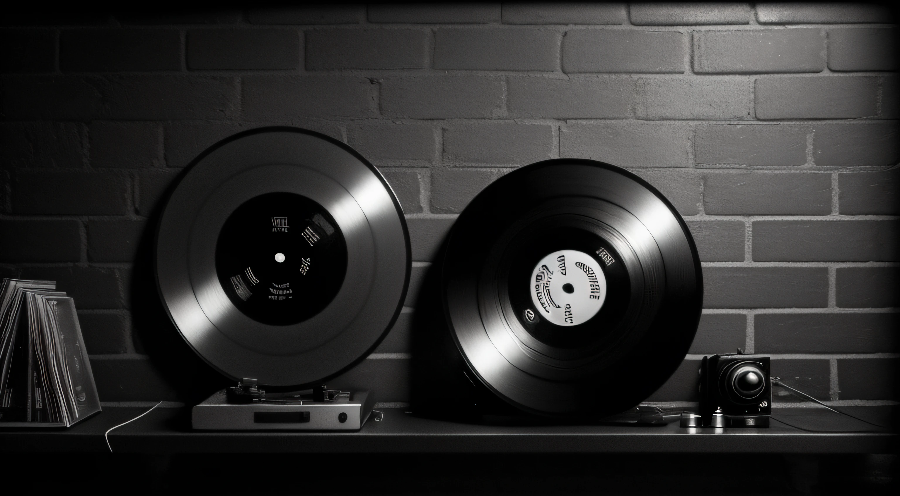 Foto capturada por uma lente de 50mm, em preto e branco, de discos de vinil pendurados em uma parede de tijolos, inside a dark studio