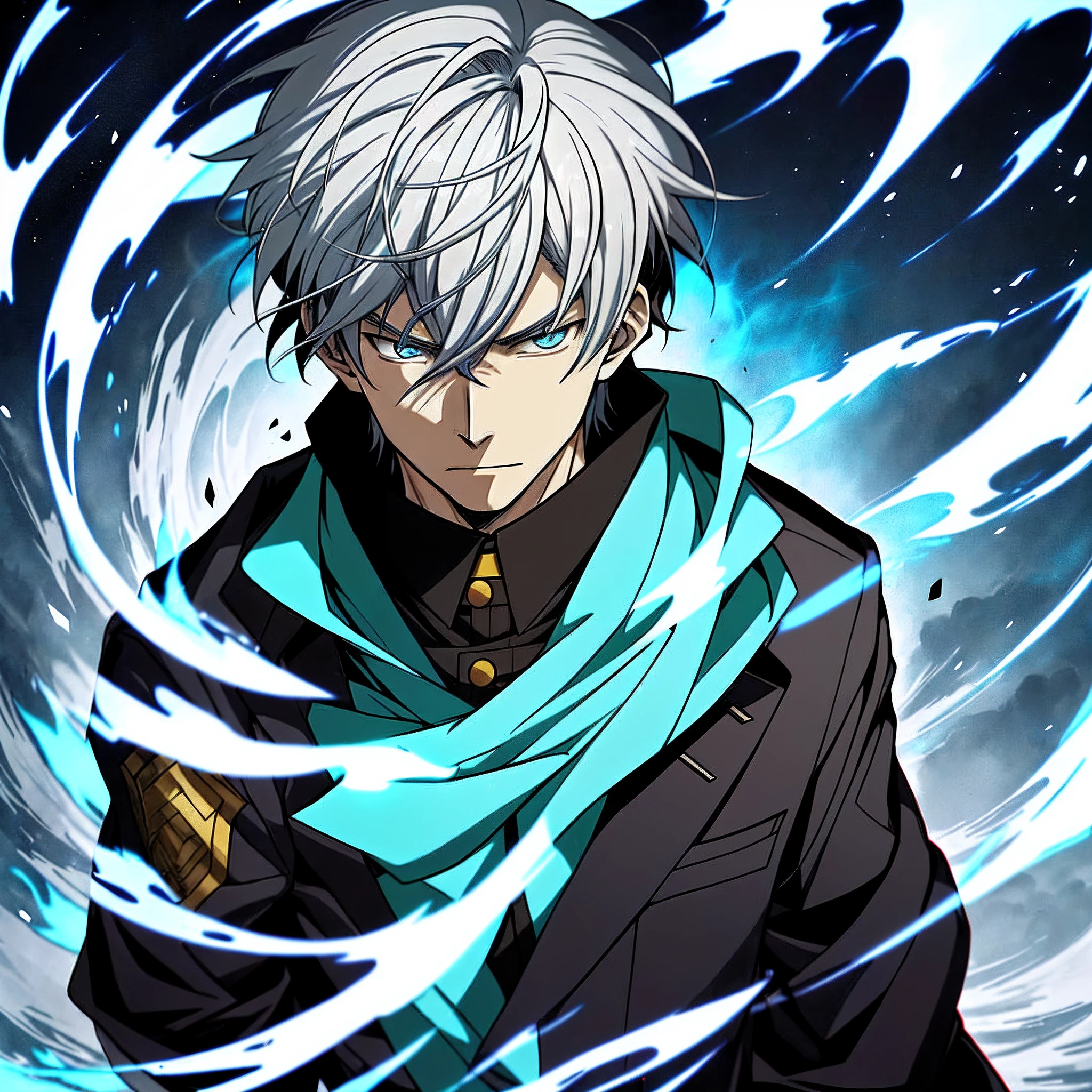 Anime image of a white-haired man wearing a blue flame in a black jacket, Shinkai sincerely, New Xiangcheng, Honest, ryuta ueda artwork, offcial art, Anime handsome man,