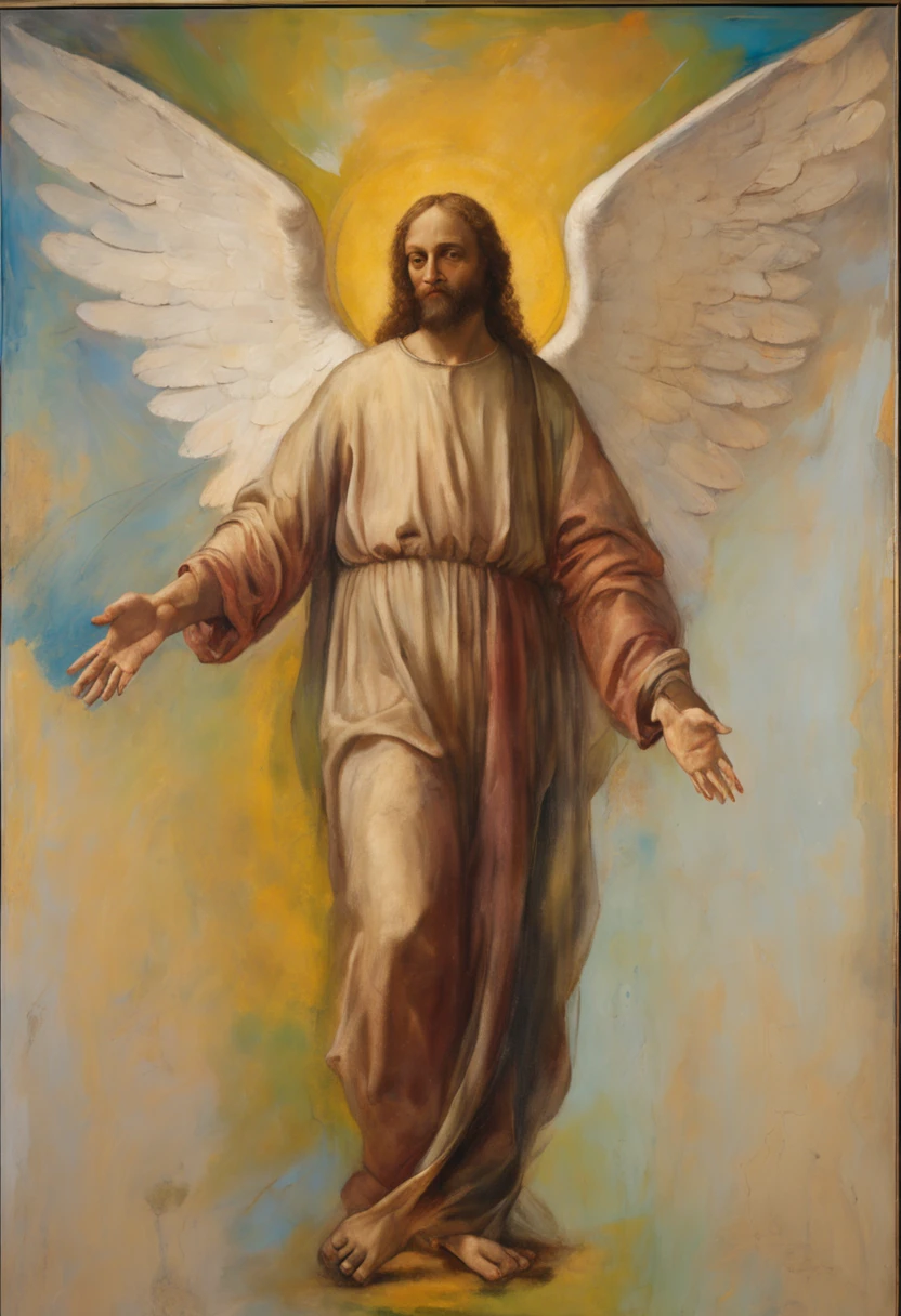 A expressive painting in leonardo da vinci style of the Angel Gabriel with big wings, using a white cloth of angel, smile, with glasses, holding planet Earth in one hand