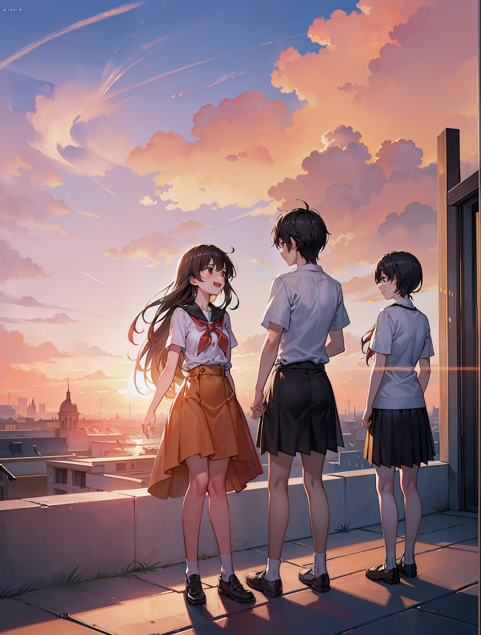 Create exquisite illustrations reminiscent of Makoto Shinkai's style, It has ultra-fine details and top-notch quality.　Create captivating illustrations that encapsulate the captivating essence of nostalgia, Featuring a group of students on the roof of a school, Everyone smiles as they gaze at the mesmerizing sunset. The sun hangs low in the sky, Warm golden glow、Light up the scene with a dreamy atmosphere. Sunset dyes the sky a breathtaking orange, Pink, and purples, Create vibrant color panoramas that blend seamlessly in. The happy expressions of the students were::::、Reflects the awe and amazement when sharing this wonderful moment. Pay close attention to detail, Sunlight dancing in the face、Emphasize the interplay of light and shadow、Enhances the texture of the surroundings. Your job is、Not only captures the serene beauty of the scene、It is about creating images that stimulate the imagination, Invite viewers、Have a meditative and magical experience with these students. Through your artistic mastery, Turn your rooftop into a canvas of nostalgia and wonder, Where shared views of the sunset foster a deep connection with friendship and fleeting beauty of the moment.