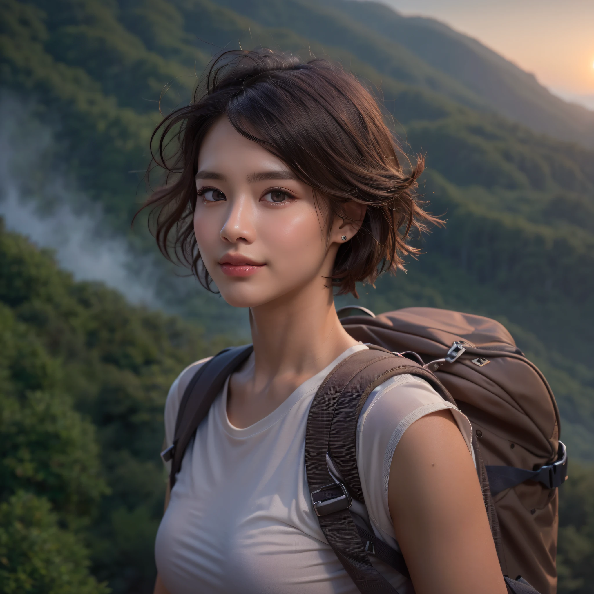 (Naturescape photography), best quality:1.3, masterpiece:1.3, ultra high res:1.3, photorealistic:1.3, RAW photo:1.3,  (Magnificent mountain, sea of clouds), (On a very high mountain peak), (sunset), 
(1girl), (upper body), (25 years old), (smile:0.9), (shiny skin), (short hair, dark brown hair), 
(white t-shirts, Trekking shorts), (Carrying a large backpack), 
(ultra detailed face), (ultra Beautiful fece), (ultra detailed eyes), (ultra detailed nose), (ultra detailed mouth), (ultra detailed arms), (ultra detailed body), pan focus