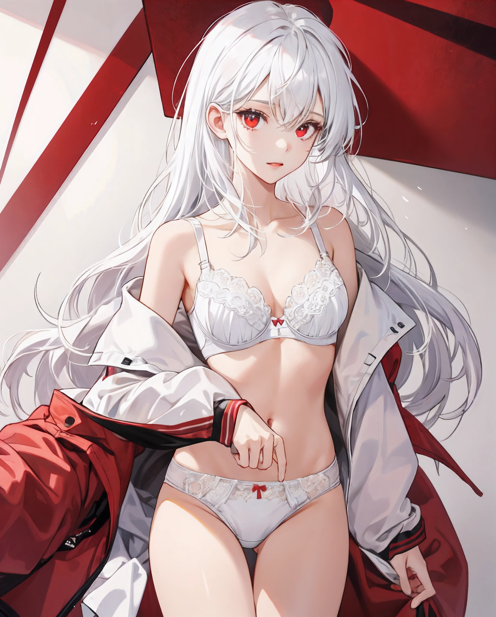 1girl,white color hair,red color eyes,White bra,white panties