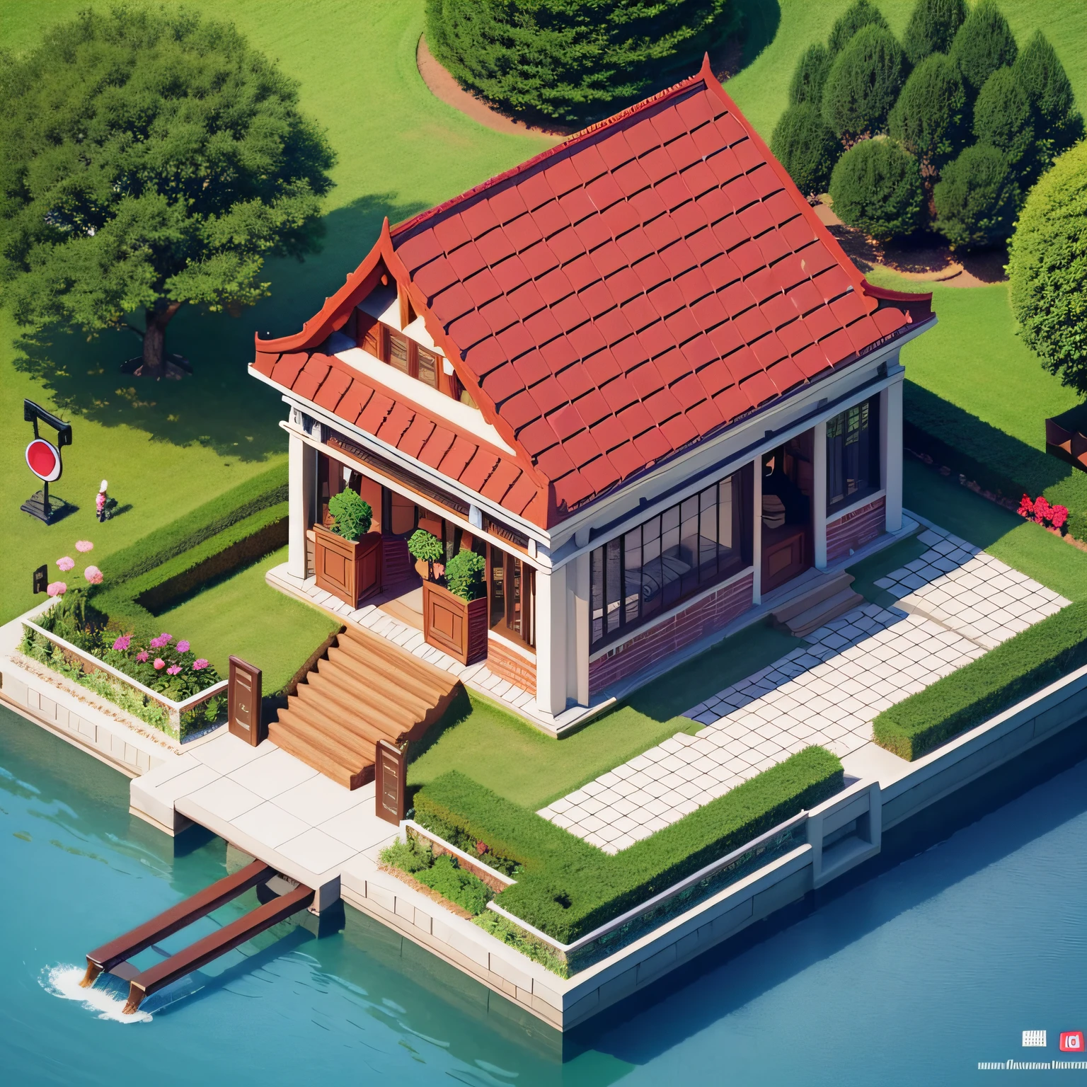 Isometric house, and other pixel styles，Red bricks，cafe，lotus flower