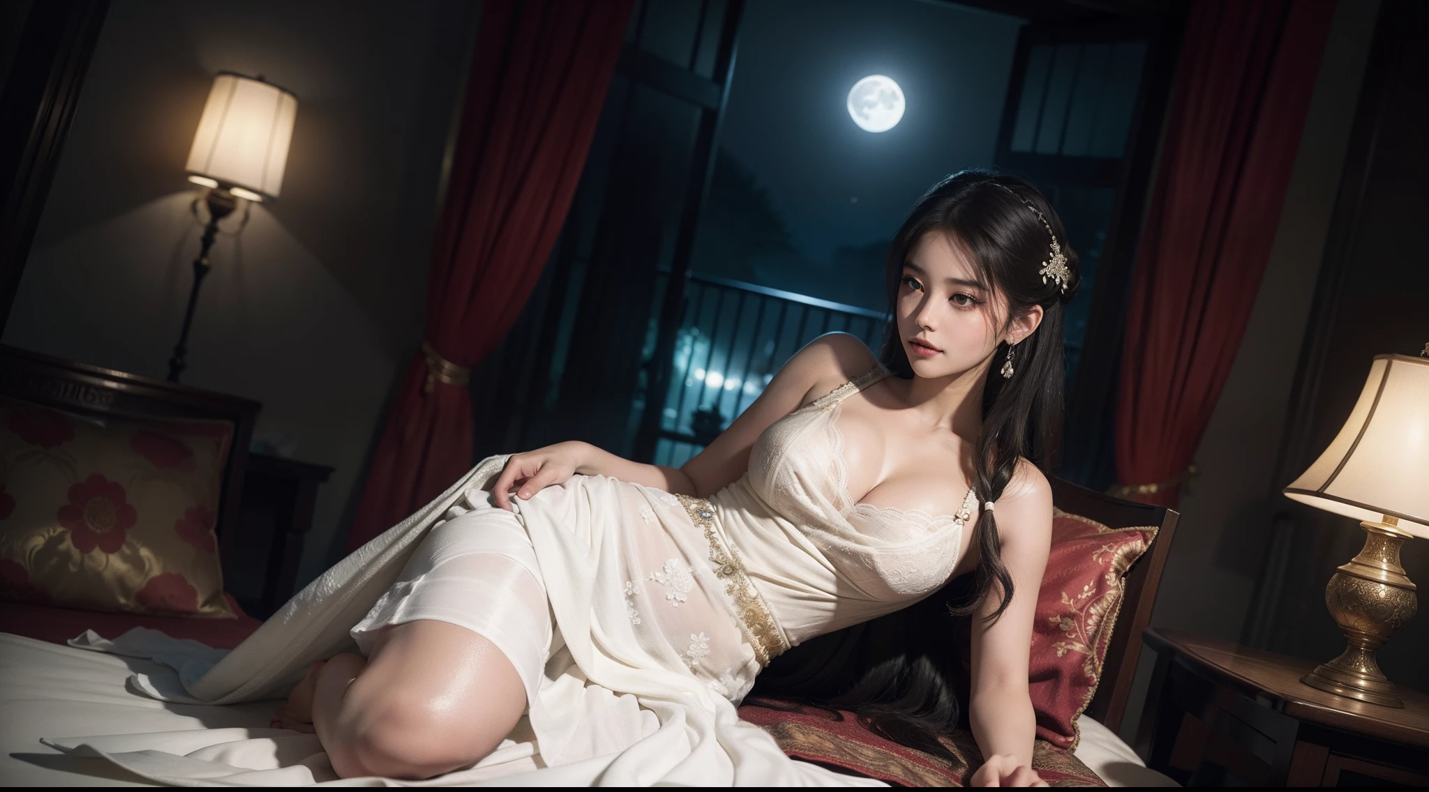 The art depicts a charming woman dressed in a flowing, silky traditional oriental dress, white, decorated with intricate patterns and bright colors. Her dress drapes elegantly over her curvy figure, accentuating her seductive silhouette. She stood gracefully in the quiet moonlit night, bathed in the soft glow of the moonlight. The scene exudes an ethereal and dreamy atmosphere, with a touch of mystery and sexiness. The graphic style blends watercolor and digital illustration techniques to evoke a refined beauty and charm. The lights are filled with soft moonlight, casting soft highlights and shadows on her charming features.