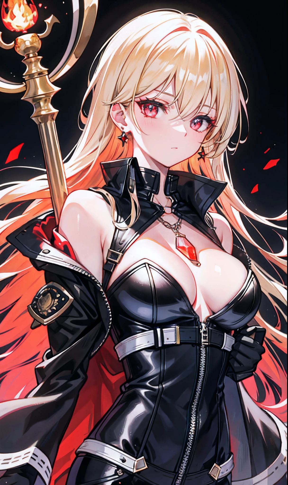 （tmasterpiece，Sideslit，Beautiful eyes：1.2），（tmasterpiece*sportrait），sportrait，busts，（busts），Lifelike，Anatomical correct，3D脸，luscious skin，（Solo），Blonde hair and pickaxe dyeing，Gradient hair，（closeup of face），Lovely face，（Fire opal-like scarlet eyes），Hanging eye corners，（（highdetailskin，Visible pores）），（Perfect body），beuaty girl，little breast，（（Women's extra short shawl leather jacket）），（（Ladies_Made_costume）），（ear studs），（Neck strap），very short gloves，（chain）