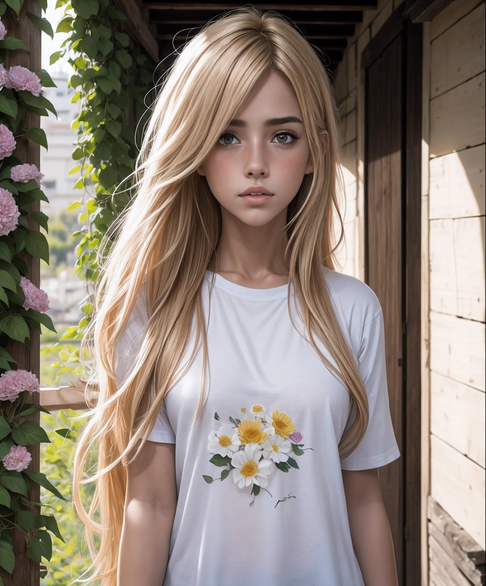 "(obra maestra, highest qualityr), 1 chica, rubia, pecas, camiseta lijera de flores manga corta, gargantilla, posicion sexy, mirando al espectador, parte superior, borroso, pendientes, calle,"