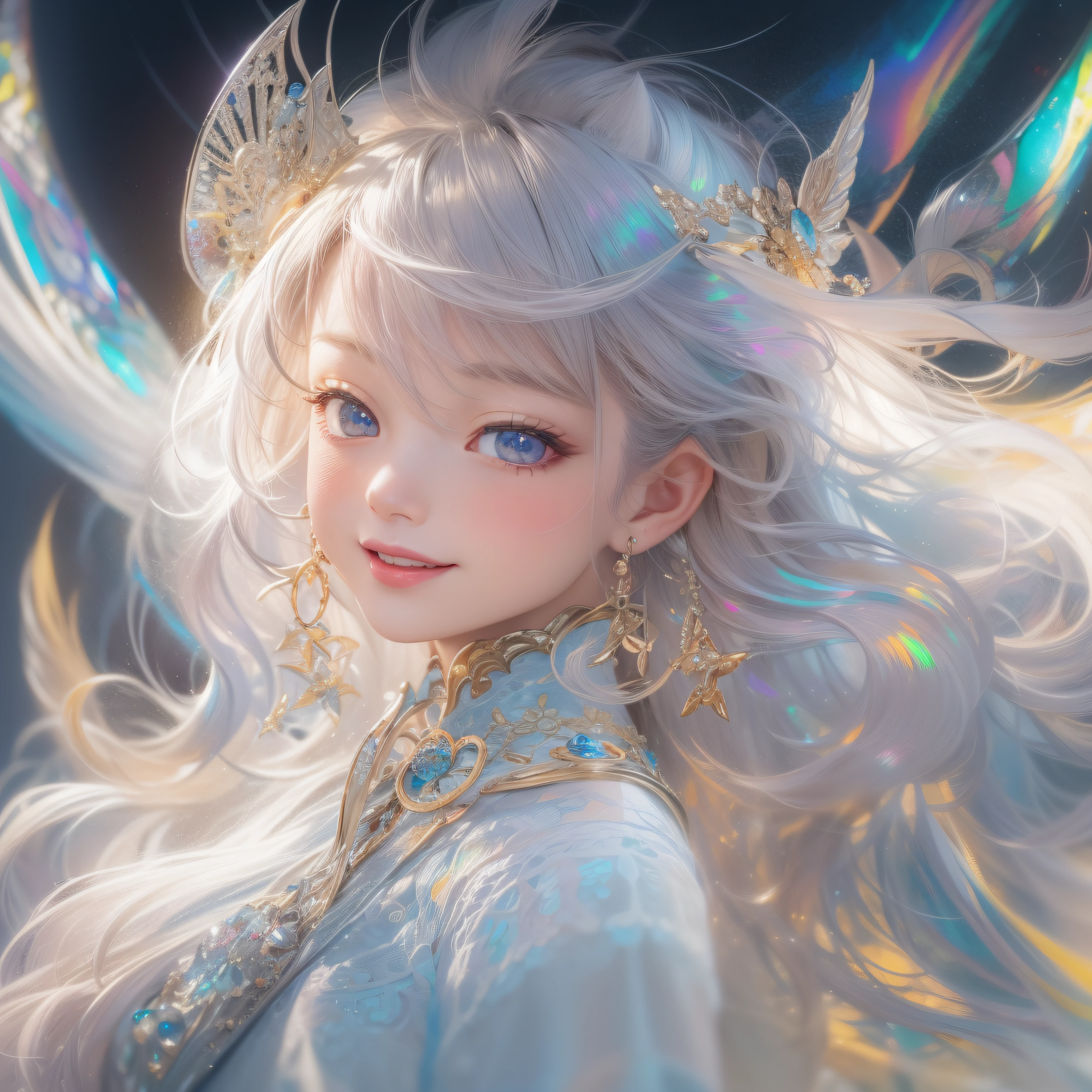 Close up of iridescent smile with open mouth、(realisitic、hight resolution)、(1 girl in)、Do-Up Eye、Korean Girl、(Best Quality), (masutepiece), (1girl in), Solo, a beauty girl, Perfect face, Big Breast,dreamlikeart、Highly detailed airbrush art((Surreal))、Volumetric lighting、(top-quality)、The ultra-detailliert、(The composition of the movement:1.4)、Highly detailed colorful details、(Bright lighting)、dynamic compositions、Ray traching、The mirror reflects light、Shallow depth of field、ultra-detailliert、mixing  exposure、nffsw、Her eyes glow iridescent、Staring at the rainbow sea。Her iridescent face is、Full of adventure anticipation and courage.、A smile appears on her iridescent lips。 At the rear、The sun is slowly tilting to the west。Its light brings iridescent light to the surface of the sea、The swaying waves create a beautiful scene。Her eyes are clearly iridescent and shining。Lots of iridescent colors、