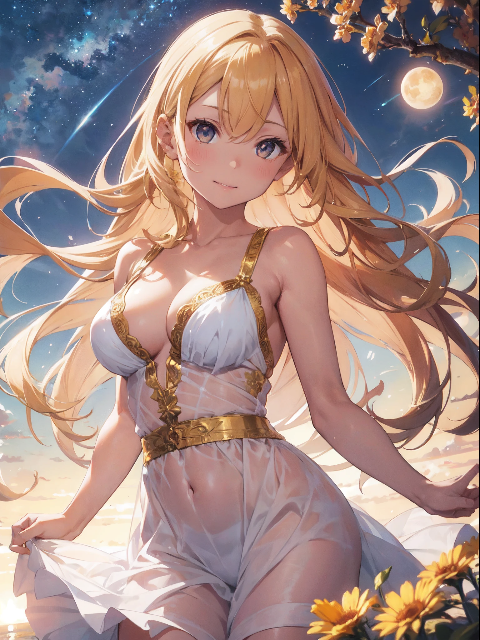 film photography, 1girl , sexy , (((whole body ))) , dynamic pose
Character: ethereal summer goddess
Style: divine allure
Extraordinary Feature: embodies the spirit of summer's warmth and beauty
Action: Radiating energy, she brings life and growth to the world around her
Hair: Hair that flows like cascading sunlight, adorned with summer blooms
Hair Color: Golden blonde with vibrant streaks of warm hues
Eyes: Luminous gold with an aura of divine grace
Clothing: flowing gown adorned with flowers and vines, sun and moon jewelry
Background: sunlit meadow with blooming flowers and a sense of tranquility, medium breast, full body, (realistic detailed eyes, natural skin texture, realistic face details), finely detailed, hyperrealistic
