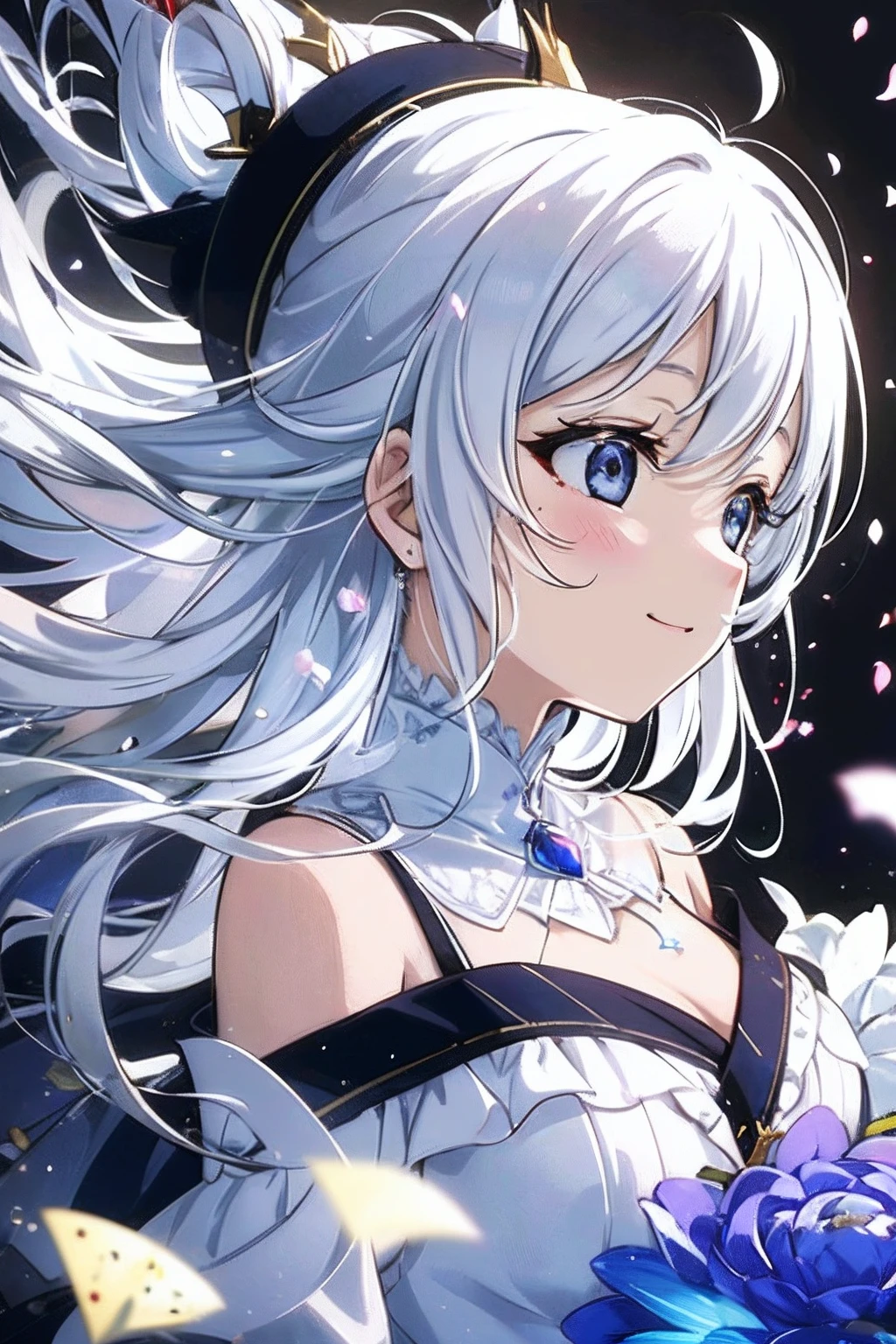 (((​masterpiece)))、(((top-quality)))、((ultra-detailliert))、(illustratio)、((extremely delicate and beautiful))、Bright smile、floating、(Detailed light) (1girl in)、、独奏、The long-haired、The wind is blowing、A WORLD、（cute eye）Wizard Hat, red blush, blush stickers, cleavage of the breast, bare shoulders​, doress, off shoulders, cowboy  shot, is standing, A smile, Bouquet of delicate flowers navy blue and red peonies, super transparent, Holy Light, beautiful spectral light, petals glow, flashes, Dark background, drops of transparent light, reflective light, Bright, light flowing in, optics, portrait profile, Sharp Focus, Magical, Convoluted, A hyper-realistic, Fantasy, Composition, light, Trending in art stations, pearls, Silver vapor Patronus cloud, Family of corrosive enveloping rays, 8K, urea air 23V4 upright