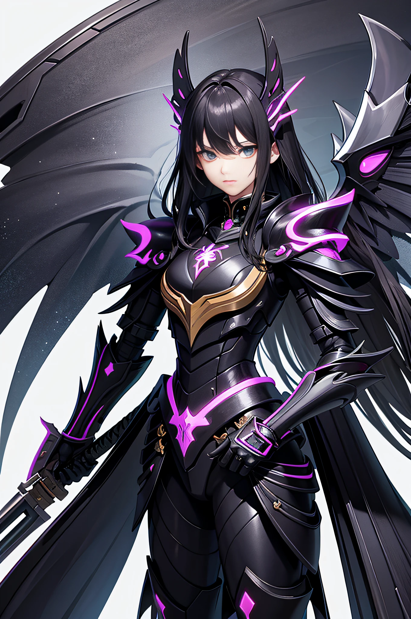 (tmasterpiece,top Quority,best qualtiy:1.3),Extremely detailed,(holdingsword:1.3),Most detailed,复杂,hyper-high detail,Black color mecha,armor,Straight to the line of sight,glowing light eyes,large wings