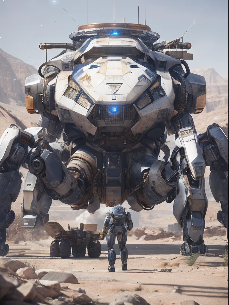 a future mecha robot by several people's mechanics, the robot has a metal texture, the texture of the robot is white and silver, arid atmosphere, lots of dust particles, the background is a dry mountain, rendering using redshift, sci-fi realistic, photography, sci-fi (masterpiece, sidelighting, finely detailed)