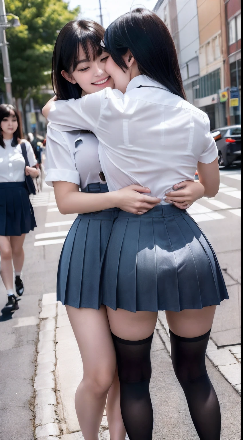 (8K, 超A high resolution, Best Quality, masutepiece:1.2),(18year old:1.2)、(Look away)、8K、RAW portrait of japanese girl、Photorealsitic、超A high resolution、top-quality、 (huge-breasted、Close all buttons on the shirt:1.4)(student clothes、Pure White Cutter Shirt、Check Pleated Mini Skirt:1.35)、(in a street、low angles、Drawing from below:1.2) BREAK (Natural Skin Texture、Detailed skin、Hyper-Realism、ultra sharpness)、intricate detailes、depth of fields(Put a white shirt inside the skirt:1.3)、Show the armpits、Navy Plaid Pleated Micro Mini Skirt(Black hair long straight、Shiny legs、T back、Black loafers、Black stockings:1.3)(Female duo、Two women hugging each other、Two women touching each other's buttocks、Shiny buttocks、T back:1.5)