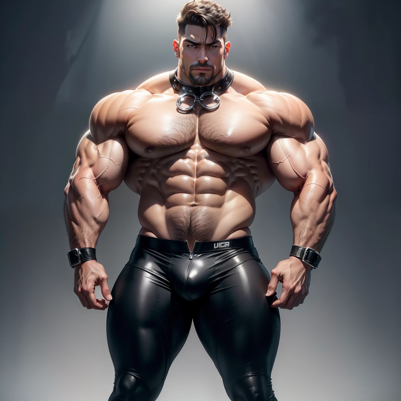 Muscle Dad，Full body like，Indecent expressions，Huge crotch bulge，Unobstructed chest，The abdomen is unobstructed，The inguinal area is unobstructed，Leather collar，Tight rubber clothes are torn，Thigh-to-toe unobstructed，Curl up