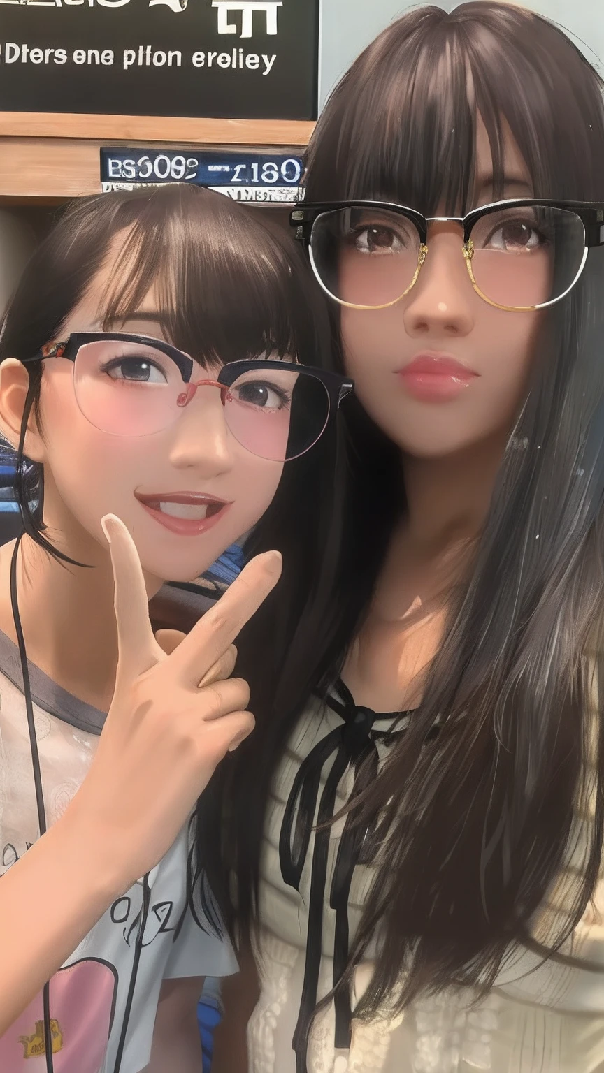 there are two girls that are posing for a picture together, ulzzangs, Girl with glasses, 8K selfie photo, clear cute face, very low quality, cute - fine - face, Larisa Manobal, very low quality, wearing thin large round glasses, ruan cute vtuber, ( ( eye glasses ) ), jaeyeon nam, bespectacled