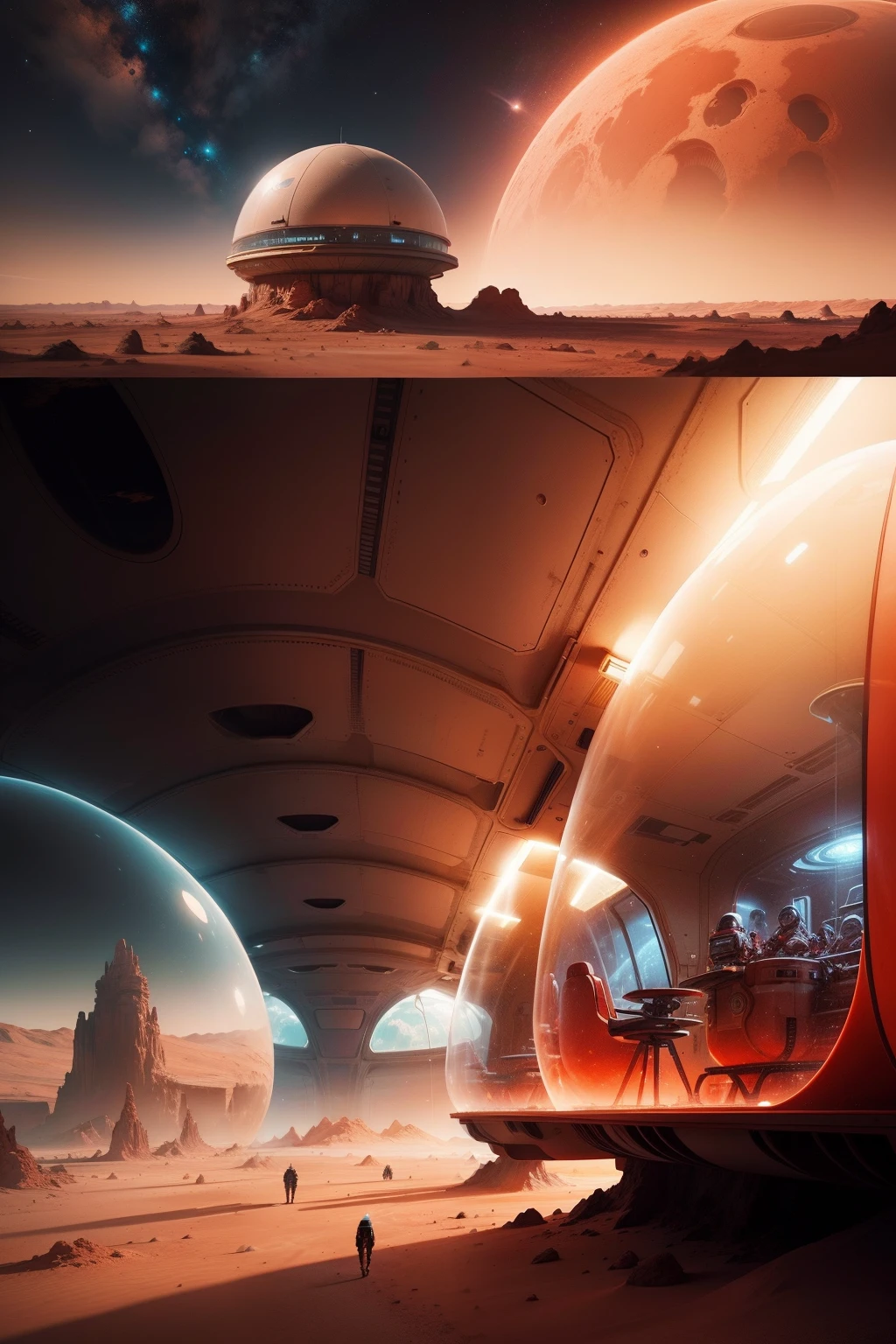 Draw an ultra-realistic futuristic scene of a human colony on Mars, com uma paisagem vermelha deslumbrante, transparent glass domes and space exploration vehicles.