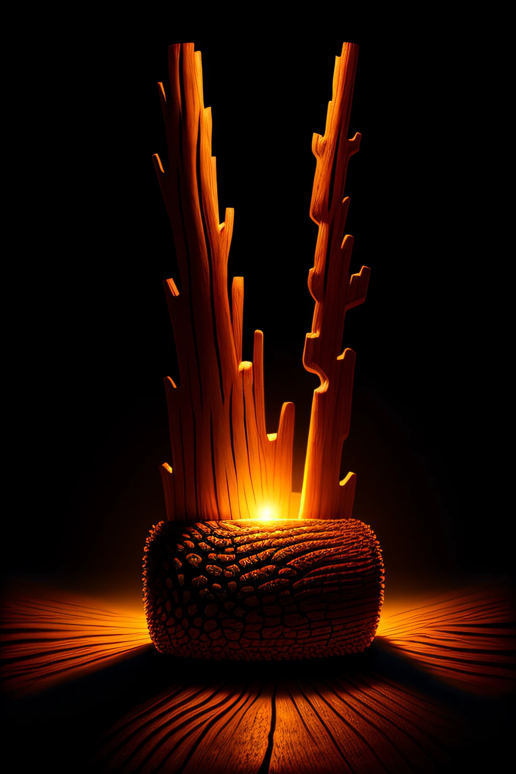 log of wood in a dark background, warm light, realistic