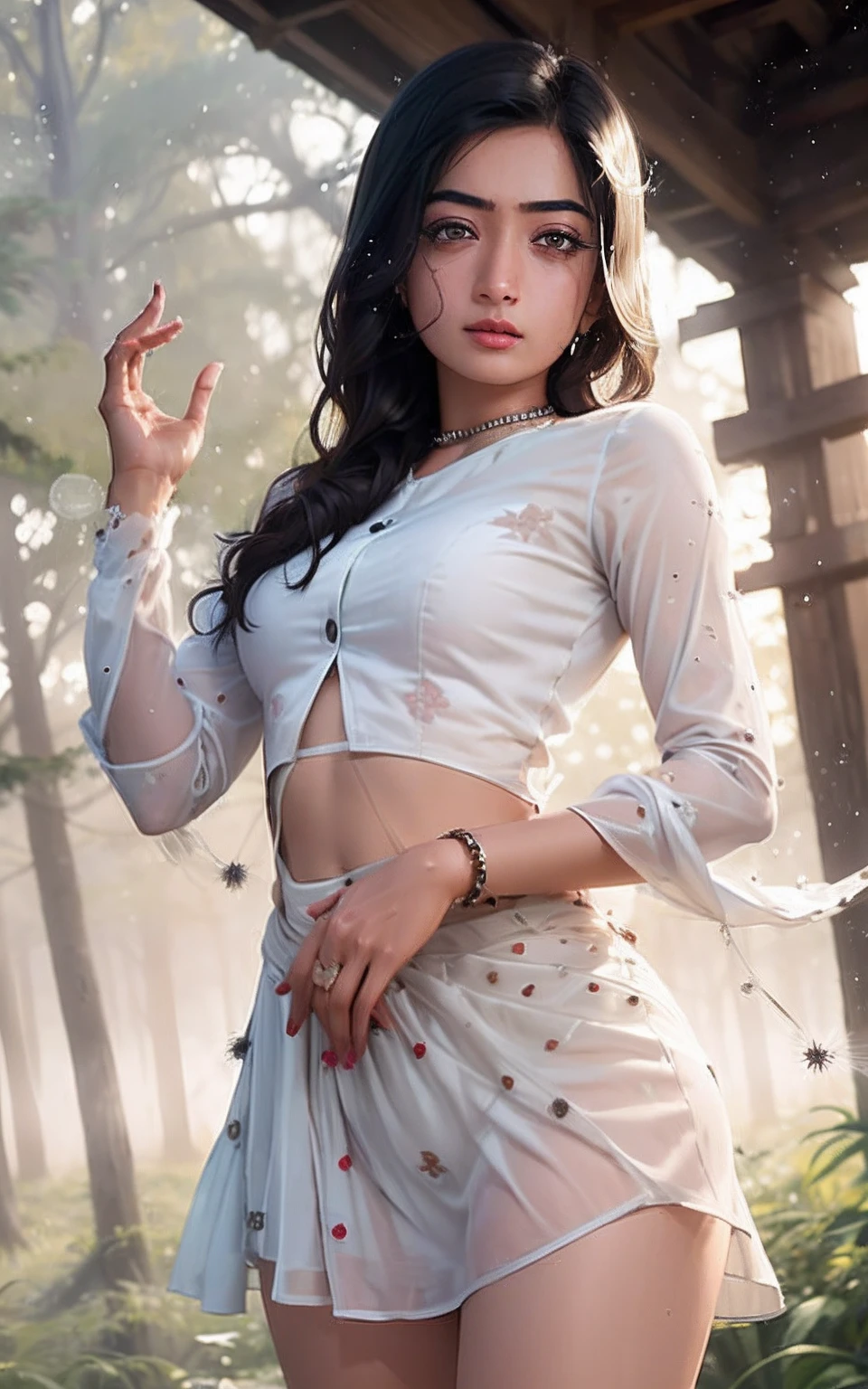 (Rashmika), (masutepiece), (Best Quality:1.4), best quality, modelshoot style, 1girl, face focus, (looking at viewer), (godrays, dust particles:1.4), sunrise, forest, from below, dark theme, style-swirlmagic