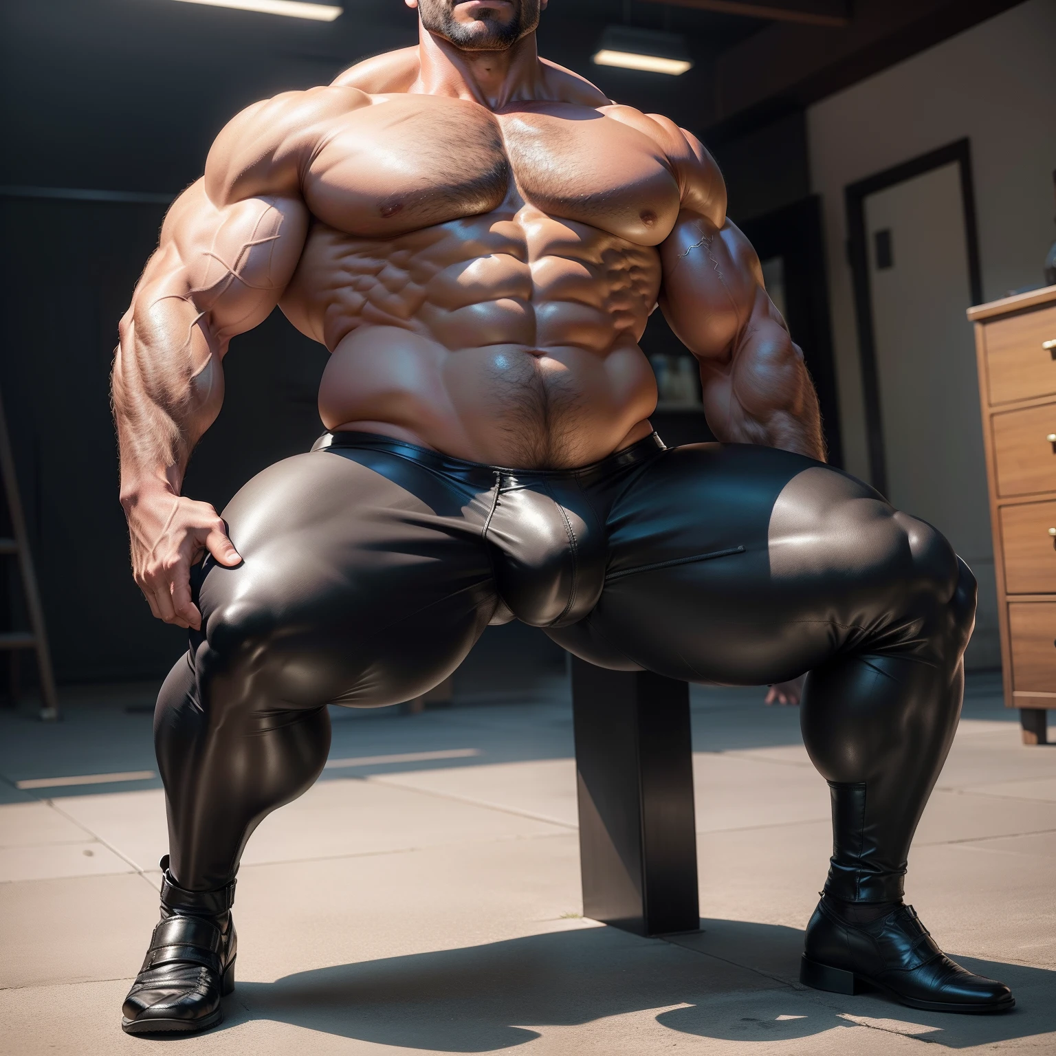 A muscular dad，Full body like，Indecent expressions，Huge crotch bulge，Unobstructed chest，The abdomen is unobstructed，The inguinal area is unobstructed，Leather collar，Tight rubber clothing was torn，Thigh-toe-toe unobstructed，lifting one leg，From the side Side