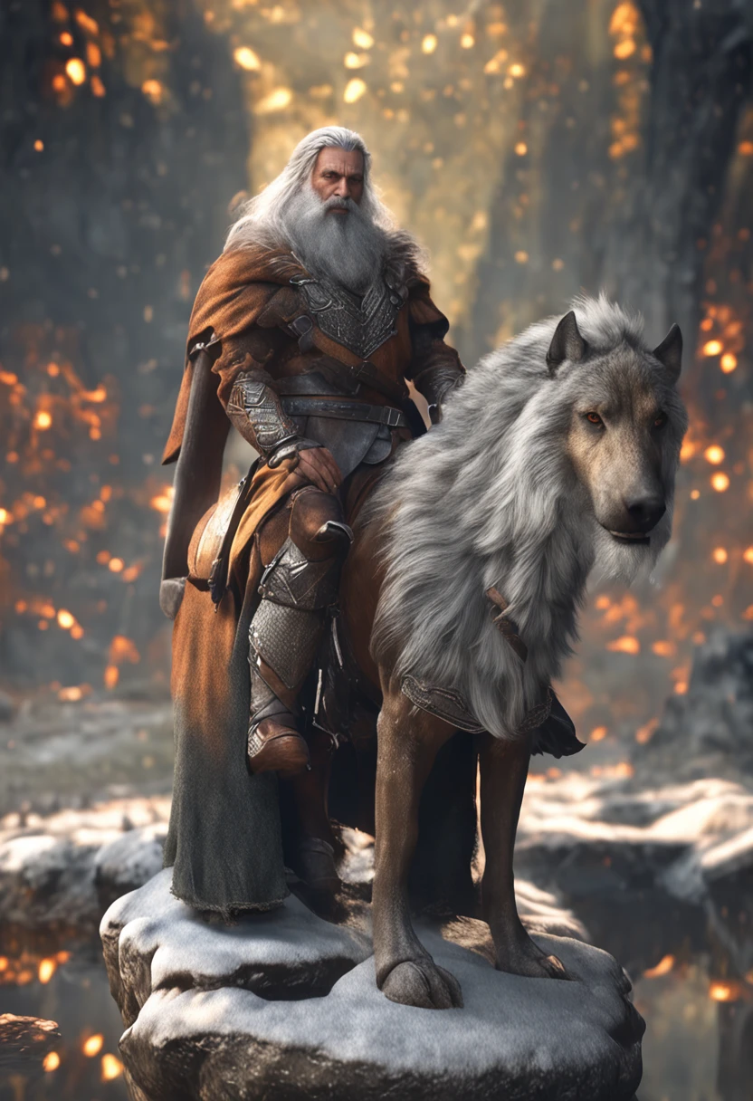 (Professional 3D rendering:1.3) de (Realistic:1.3) Foto de arte mais bela possivel, apresenta um mago com barba e cabelos brancos, ((epic fantasy)),cajado com ramos na ponta, clear lighting, sombreamento escuro, rosto detalhado,(vibrante e realista,8k),(roupas de pano clara e longa), (Pointy white tea), pintura digital,rendering by octane, art stations, Conceito-Arte, liso, foco nítido,chuva forte, particles flutuandocorpo inteiroesbian, ((Fundo escuro e antigo da cidade:1.3))