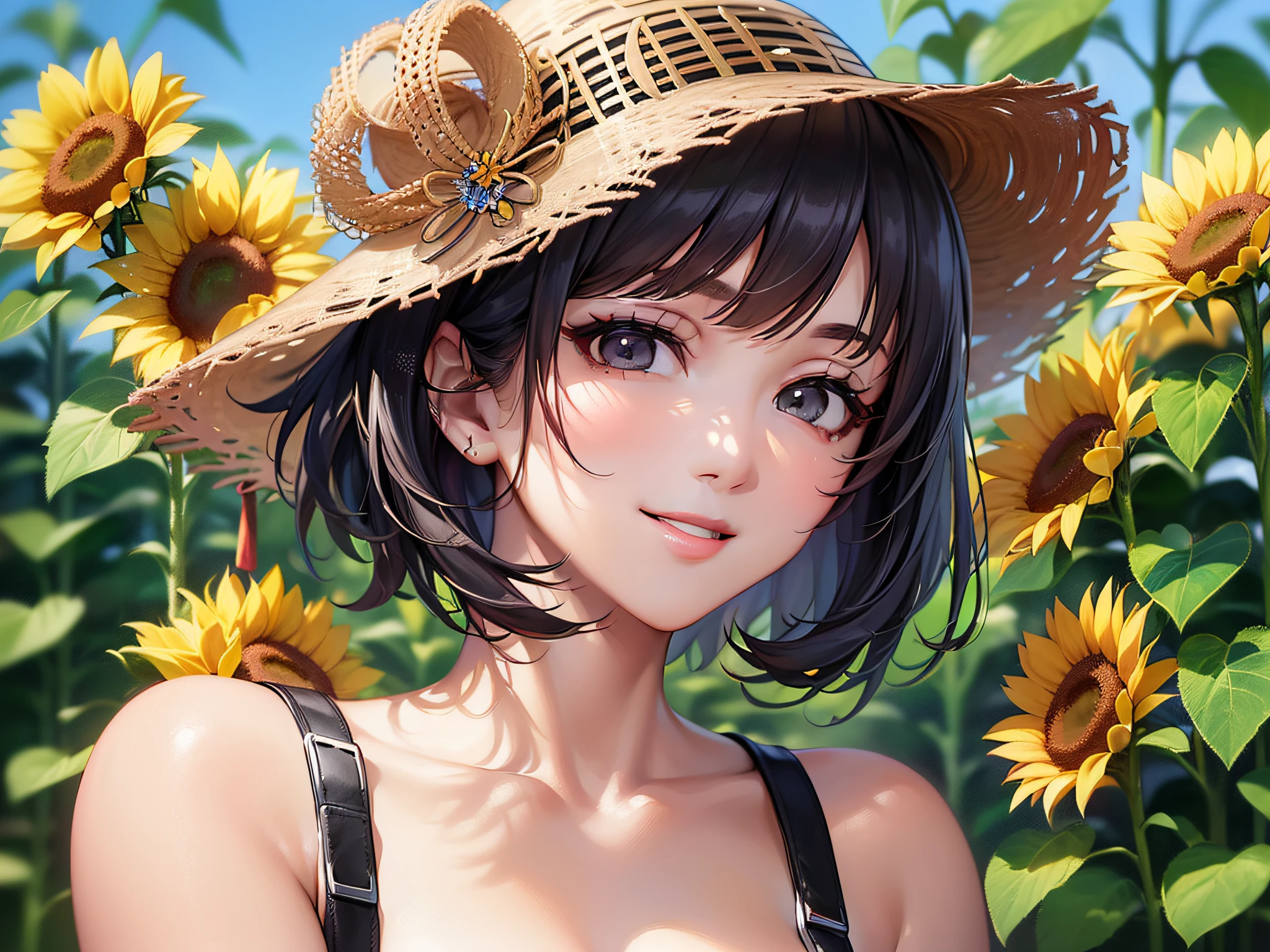 ((masuter piece:1.5)),((Finest quality)),(super precision),8k picture,Top quality anime,Highest level of resolution,sharpnes,clear,((perfect anatomia:1.5)),(Perfect depiction, Unbroken body:1.5),Detailed down to the smallest detail,Phenomenal depiction,((1 Japan Woman:1.4),((A dark-haired,bob cuts:1.1)),Slim and well-proportioned body,(Beautiful and neat face),((Beautiful shiny black eyes),pretty skin,(A smile staring at us)),(T-shirt with detailed details:1.6,Beautiful pattern with detailed and detailed details,),Sunflower field,a straw fedora hat