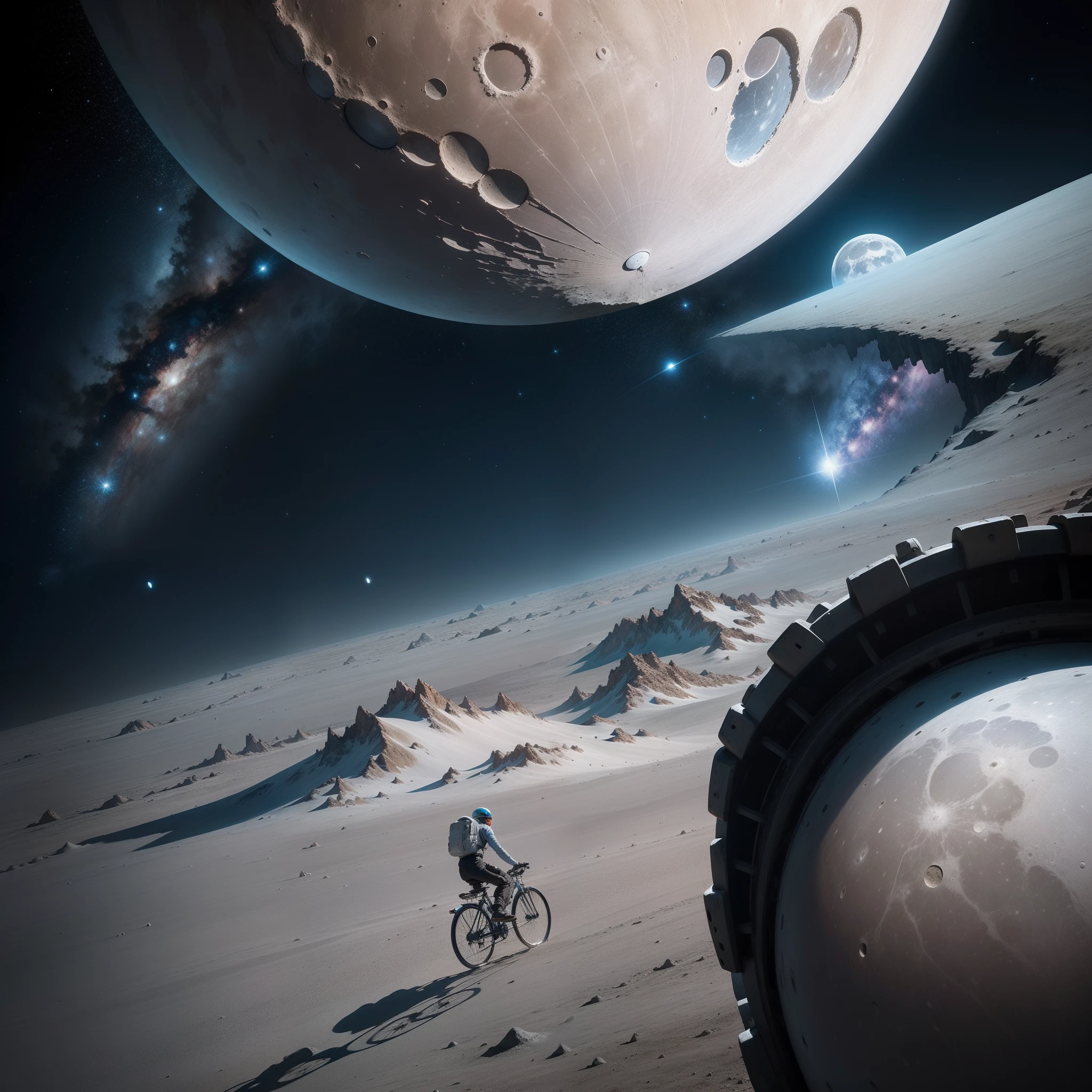 Amid the stark serenity of the moon's barren landscape, a peculiar silhouette emerges, radiating a stark contrast to its surroundings. It's a penny-farthing, the iconic bicycle from an era long past, gracefully cruising over lunar craters and mountains. However, this is no ordinary bike ride; mounted atop the vintage wheels is none other than an astronaut, their helmet's visor reflecting the journey's every twist and turn. Each pedal propels the cyclist, with the moon's delicate gravity allowing for gentle, almost balletic lifts off the lunar surface.
In the backdrop, our home - Earth, glistens in a rich tapestry of blues and whites. This juxtaposition of the astronaut pedaling a historical relic against the vastness of space and the shimmering Earth is an ode to human spirit and imagination. It melds past and future, terrestrial and extraterrestrial, science and whimsy in a single, breathtaking tableau.
This imagery isn't merely a spectacle but a testament to human perseverance and dreams. It suggests that no matter the leaps in technology, the essence of adventure and the core of our aspirations remain constant, proving our undying spirit of exploration and wonder.