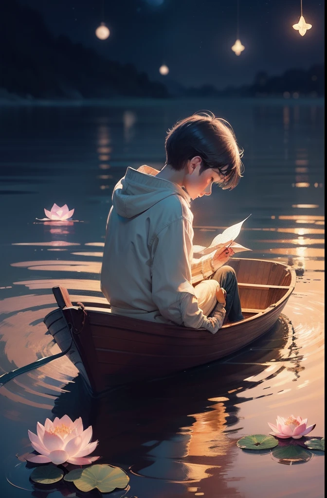 There was a boy sitting on a boat in the water, dreamlike illustration, sitting on a lotus flower, illustratio, illustrated in whimsical style, Fine quality illustrations, very peaceful mood, By Ni Duan, float under moon light at night, illustratio, floating among stars, calm evening. Digital illustration, cute illustration, cozy night fireflies, relaxing mood
