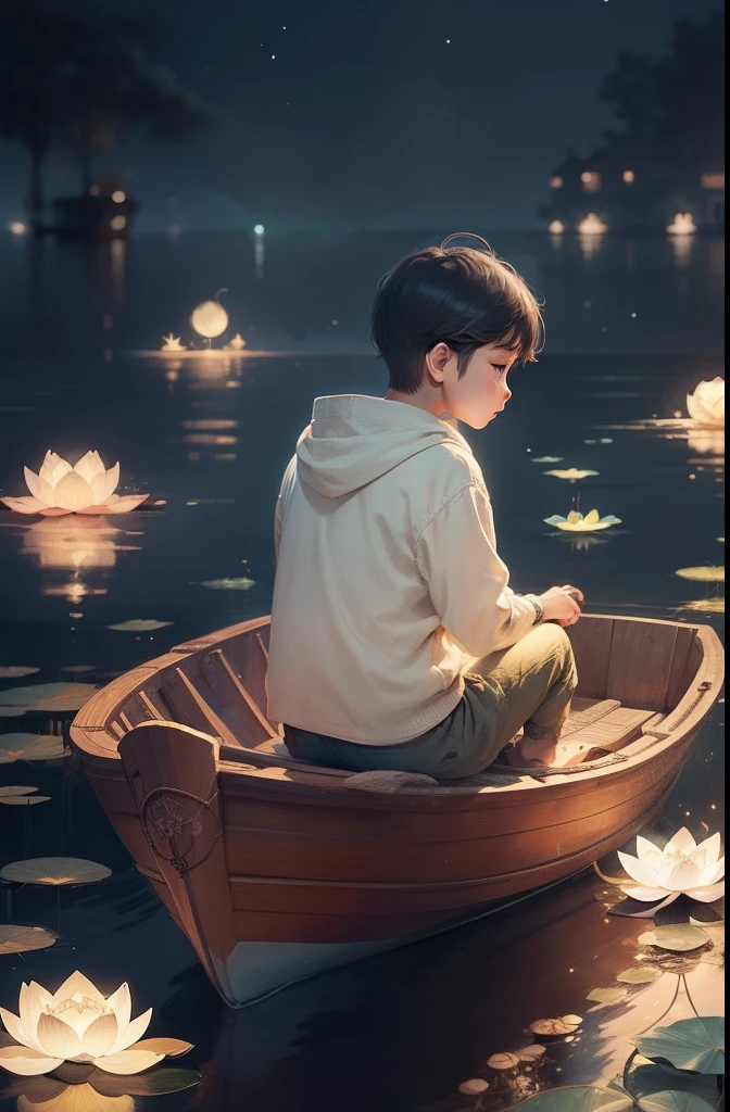 There was a boy sitting on a boat in the water, dreamlike illustration, sitting on a lotus flower, illustratio, illustrated in whimsical style, Fine quality illustrations, very peaceful mood, By Ni Duan, float under moon light at night, illustratio, floating among stars, calm evening. Digital illustration, cute illustration, cozy night fireflies, relaxing mood