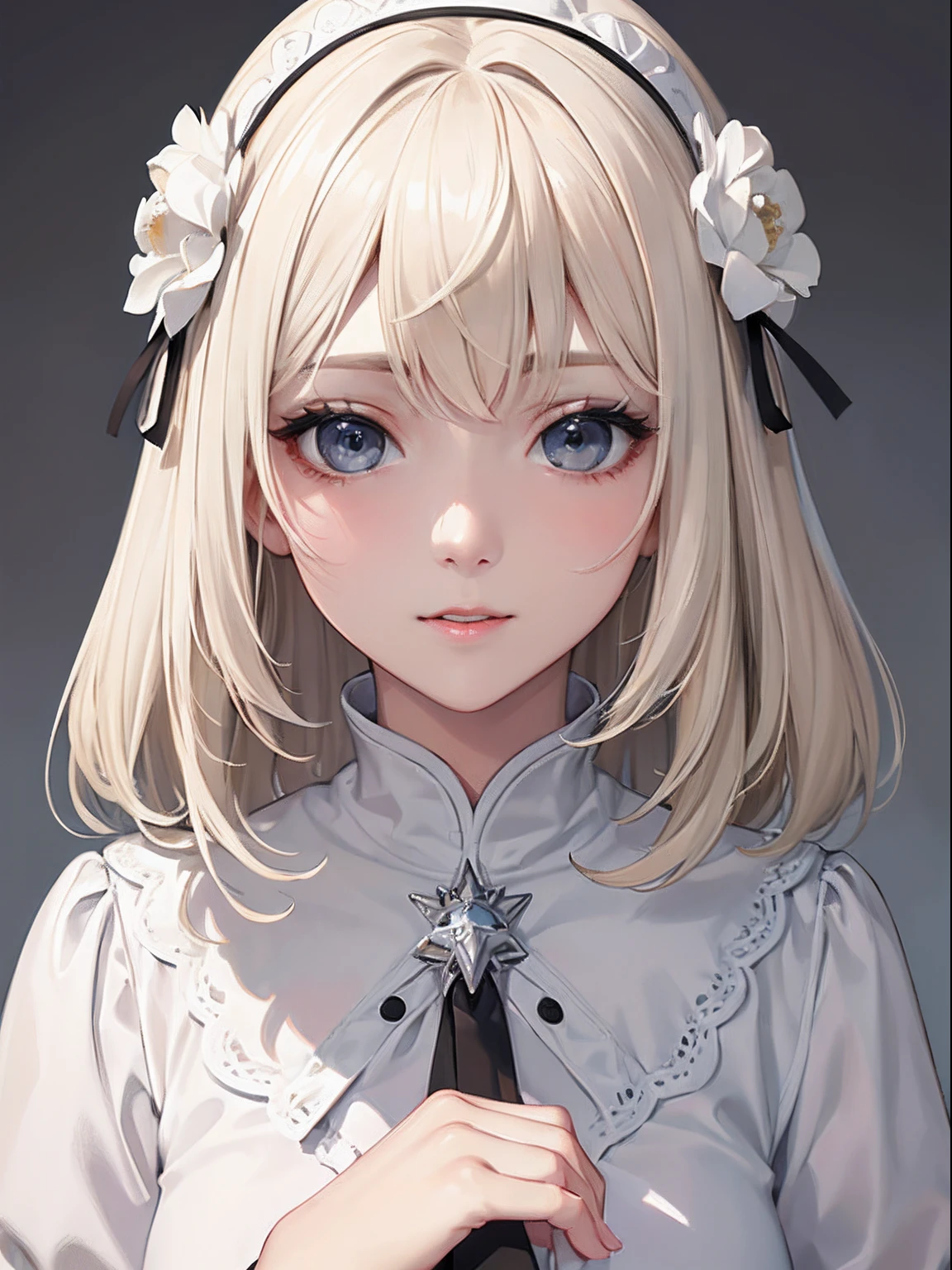 masterpiece、top-quality、hight resolution、High-quality images、8K、1womanl、detaileds、Detailed eye depiction、skin gloss、blonde hair close to white、Shorthair wig monochrome grayscale、Lisa、portlate、Shy laughter、Nostalgic people々、Old Market