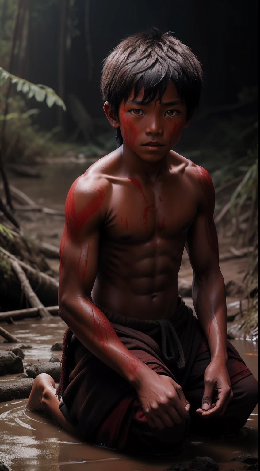 A -yeld Tian boy turns into a werewolf，red colored skin，Shirtless，The barefoot，Kneeling in the mud，Scarred