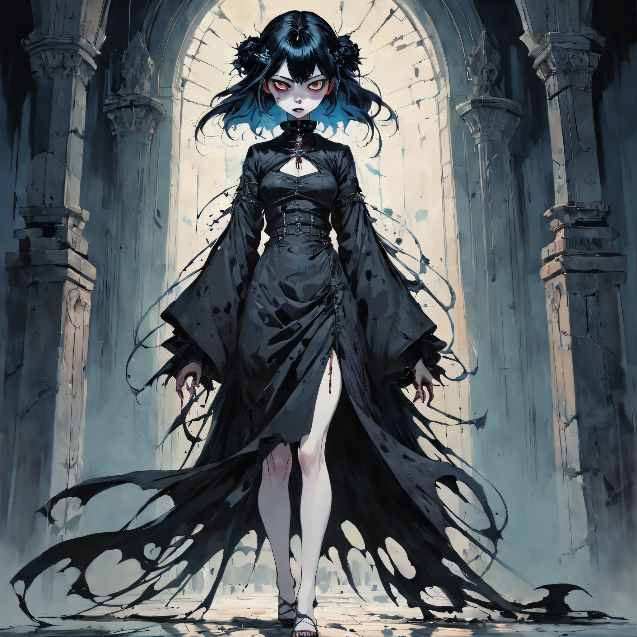 medium shot, Full dress, 1womanl, Solo, Walking through the Citadel, Looking at Viewer. Gothic. neo gothic. Splatter. In the style of Adrian Geny, by Esao Andrews, Jenny Saville, Edward Hopper, surrealism, Dark Art by James Jean, Takato Yamamoto, Minimalism of ink punk. in style of tim burton. In the style of the corpse bride.