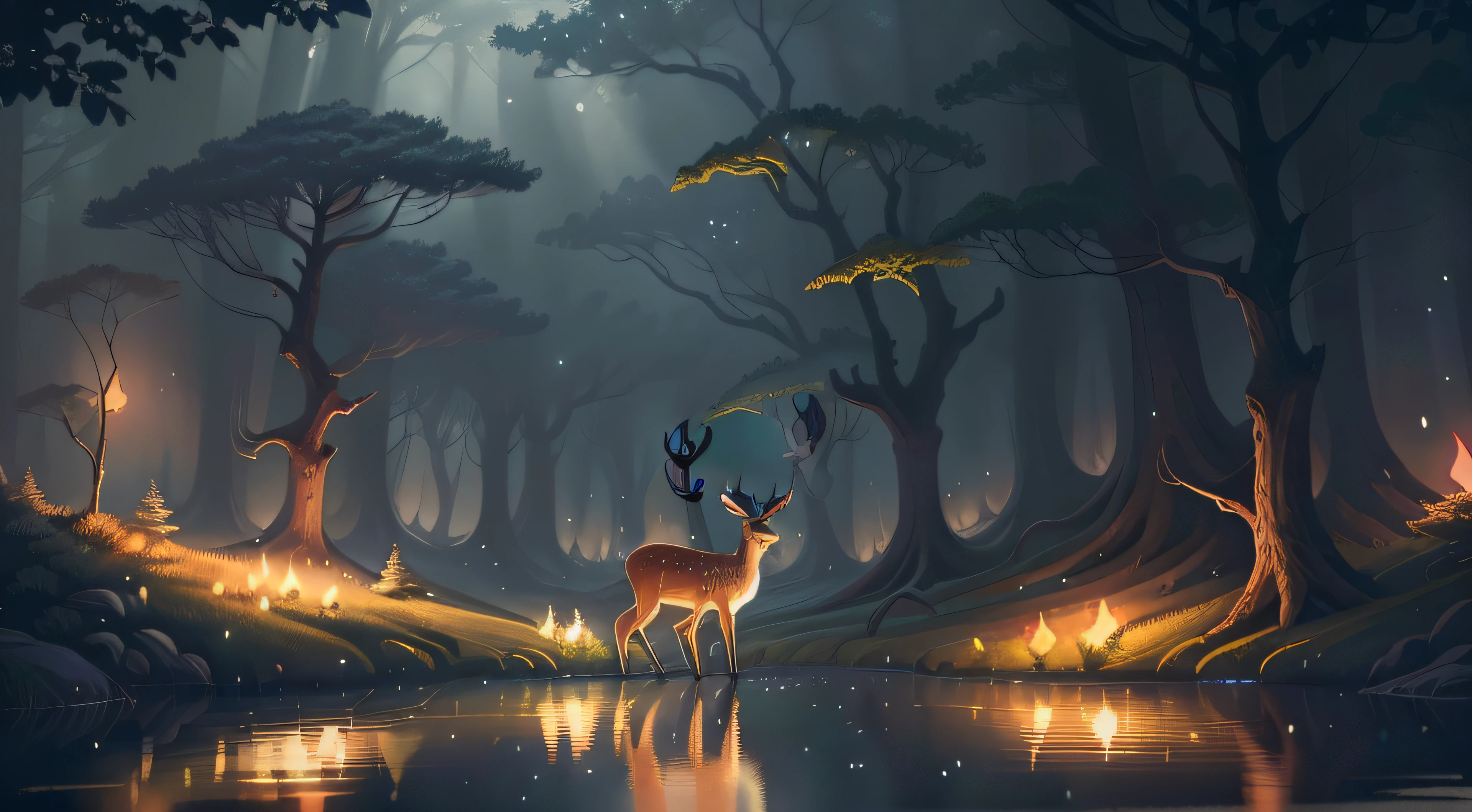 there is a deer standing in the middle of a forest, Beautiful digital artwork, Glowing lights! Digital painting, A beautiful artwork illustration, Beautiful digital illustration, calm evening. Digital illustration, magical forest with fireflies, beautiful digital painting, In the magical forest, a magical forest in the background, background artwork, spirit of the forest, a magical forest, Magical environment, dreamlike illustration