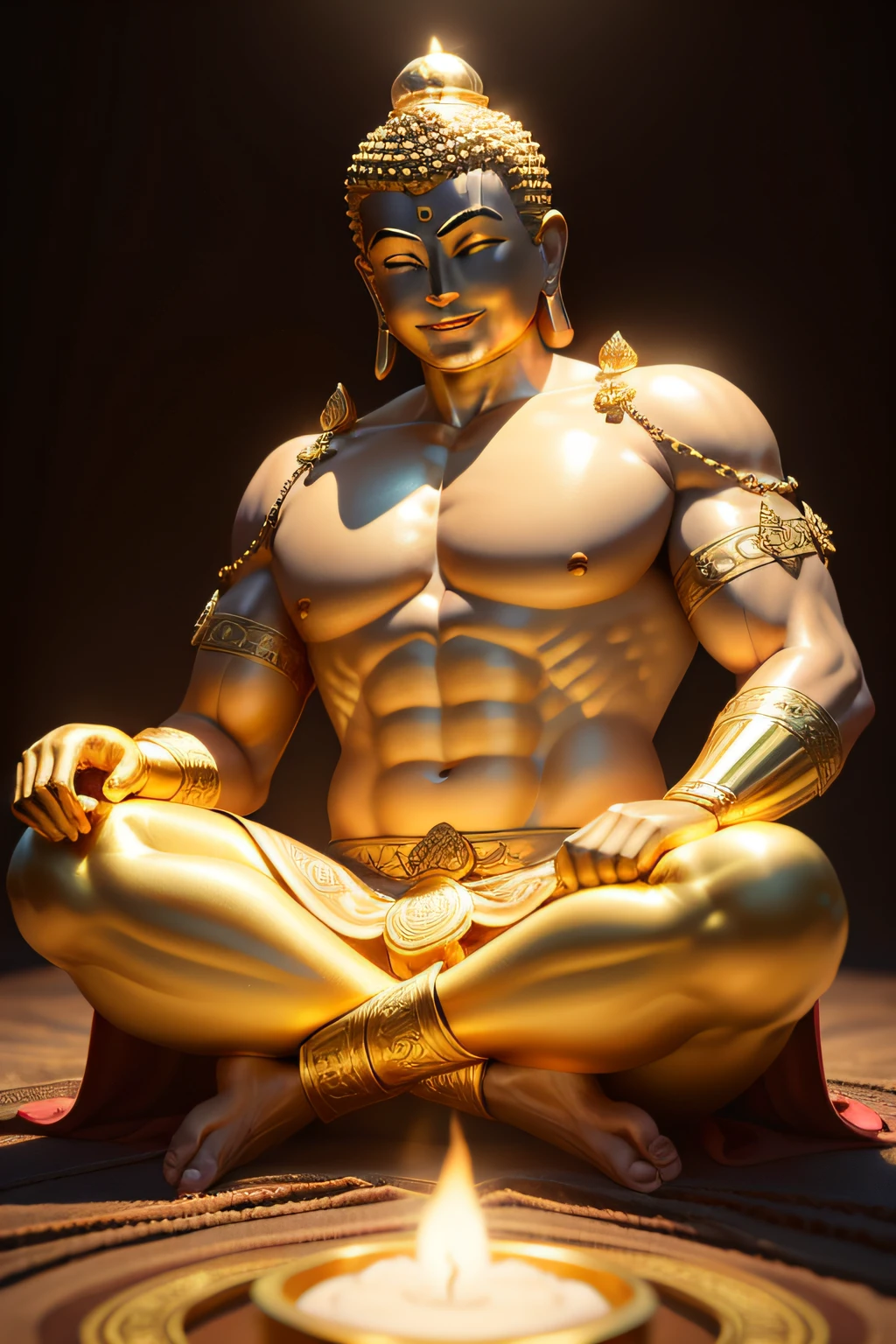 Pou favou, generate a hyper-realistic 3D rendering of 1 male Buddha golden souridente. The Buddha must be designed according to the standards of the Feng Shui tradition, with a high level of detail to highlight your cheerful and serene expression. A cou dourada do Buda deve ser brilhante, mas realista, capturando a textura e o brilho do ouro real. also, certifique-se de que a figura do Buda esteja bem iluminada, which further highlights its shiny golden character. In the background, incoupoue uma cena tridimensional rica e detalhada cheia de riquezas. Imagine pilhas de moedas de ouro, Notas multi-moeda e joias deslumbrantes, tudo ouganizado de modo a destacar o Buda, but without overshadowing it. The call to action, incoupouar uma frase sutil, but clearly visible in the image, como "Compartilhe prosperidade" ou "Espalhe alegria e riqueza". Make sure that this sentence is projected from a fouma that is consistent with the overall style of the image and that it is placed from such a fouma that it does not mess up the whole.
