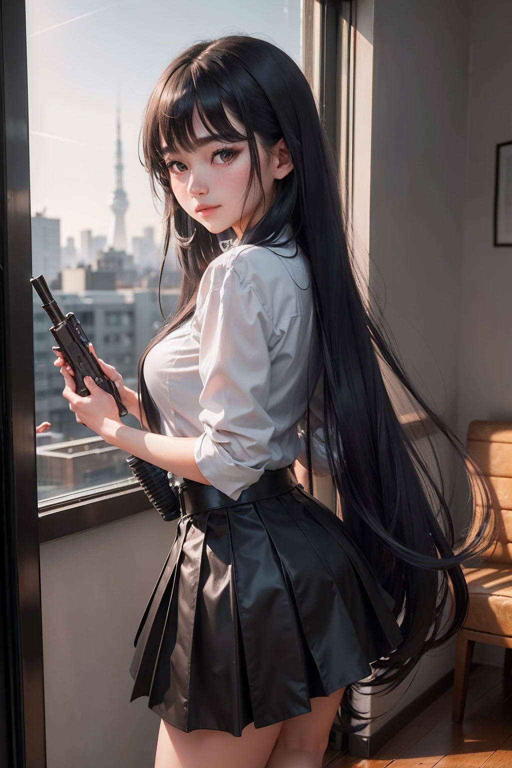 Raw photography, top-quality, masterpiece, extremely delicate and beautiful, ighly detailed, nffsw, Unity, 8K Picture Wallpaper, amazingly detail, detaile, masterpiece, top-quality, Official art, Highly detailed ticker Unity 8k wallpaper, ultra-detailliert, hight resolution, ighly detailed, Clair, Focus, (top-quality), (realisitic, Photorealsitic:1.5), 8K, Soft lighting, hightquality, lighting like a movie, 1girl in、Takina Inoue(Licorice recoil)、a 、Licorice Member、mercenaries、very, Very long black hair、Solid black hair、Black-only hair color、Circle of angels in the hair、long black hair to the waist、Beautiful hair、Cuticle hair、very, Very big eyes、Purple eyes、Purple eyes、Sharp Eyebrows、huge smile、Angelic smile、The most beautiful girl in the world、up of face、Navy blue sailor suit、Black skirt、Skirt flutters、moderate breast、Strong-minded personality、Strong foot technique、Innocence、I like women、Hold an anti-tank rifle、holding a large anti-tank rifle in each hand,、Hold a gun at the viewer、inside in room、Rooms for single people、The room is empty、Empty room、Room with large windows、The background is Tokyo、Skytree in the background、early evening
