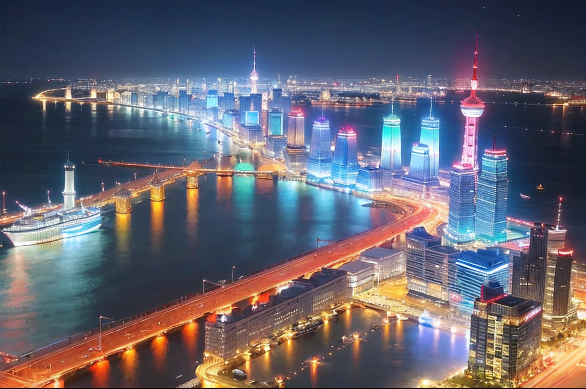 Night view of the Bund in Shanghai，What the city of the future will look like，The Oriental Pearl Tower is bright, and the lights are flashing，There are aircraft carriers in the sky，The Huangpu River is very blue，There are boats floating on the Huangpu River，