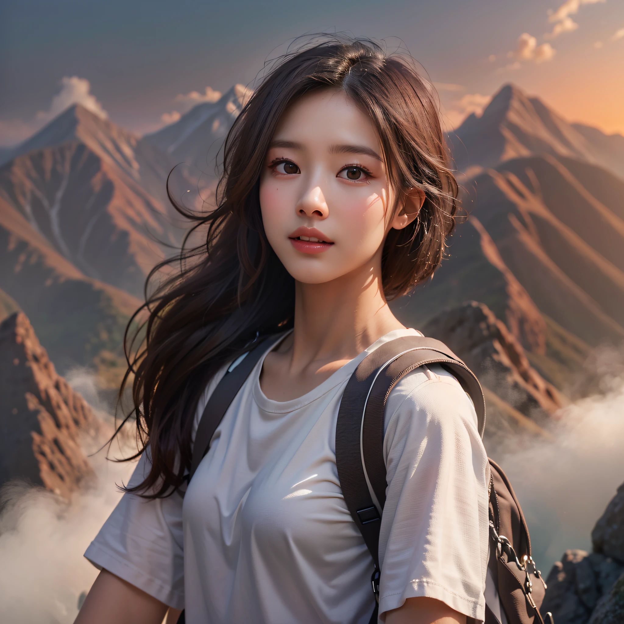 (Naturescape photography), best quality:1.3, masterpiece:1.3, ultra high res:1.3, photorealistic:1.3, RAW photo:1.3,  (Magnificent mountain, sea of clouds), (On a very high mountain peak), (sunset), 
(1girl), (upper body), (25 years old), (smile:0.9), (shiny skin), (short hair, dark brown hair), 
(white t-shirts, Trekking shorts), (Carrying a large backpack), 
(ultra detailed face), (ultra Beautiful fece), (ultra detailed eyes), (ultra detailed nose), (ultra detailed mouth), (ultra detailed arms), (ultra detailed body), pan focus