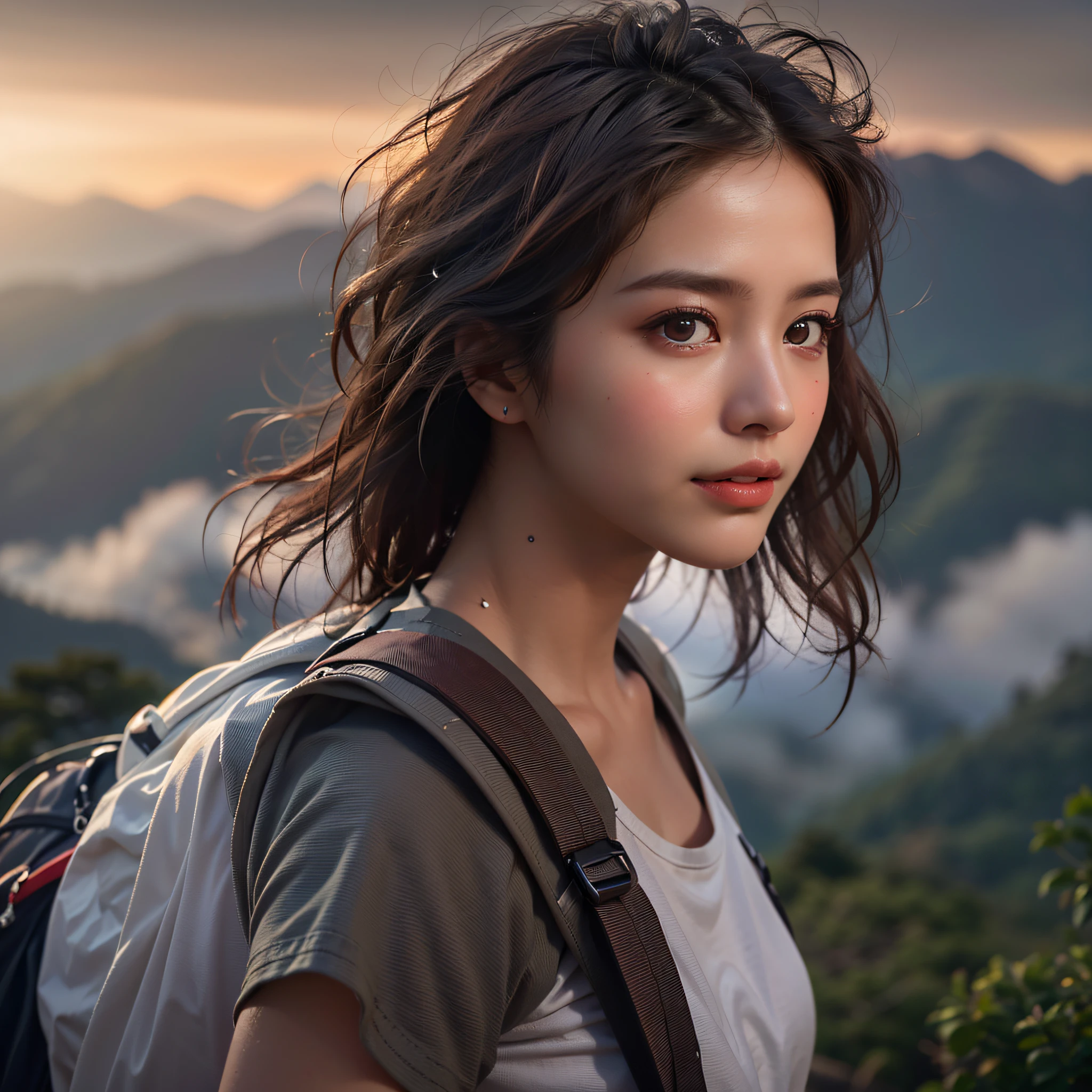 (Naturescape photography), best quality:1.3, masterpiece:1.3, ultra high res:1.3, photorealistic:1.3, RAW photo:1.3,  (Magnificent mountain, sea of clouds), (On a very high mountain peak), (sunset), 
(1girl), (upper body), (25 years old), (smile:0.9), (shiny skin), (short hair, dark brown hair), 
(white t-shirts, Trekking shorts), (Carrying a large backpack), 
(ultra detailed face), (ultra Beautiful fece), (ultra detailed eyes), (ultra detailed nose), (ultra detailed mouth), (ultra detailed arms), (ultra detailed body), pan focus