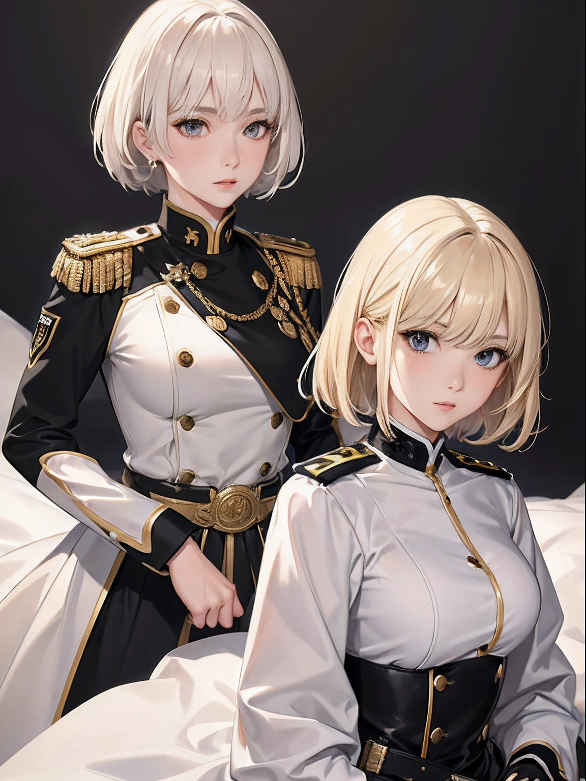 Night sky background, night time, Military uniform, dark blue uniform, white cape, white glove, 1woman, solo, white hair, high collar, tied hair, shining hair, medium-large breast, sitting on couch, facing viewer, arrogant,