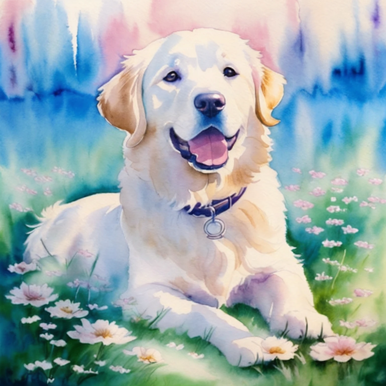 Drawing of a dog lying in the grass with flowers on the background, painting of cute dog, light watercolor, painting of beautiful, Golden retriever, by Eileen Bash, traditional art, Labrador, happy dog, Rich watercolor painting, Watercolor painting, a serene smile, portrait of dog, Full Detail, large portrait, Doris Blair, by Emanuel Büchel