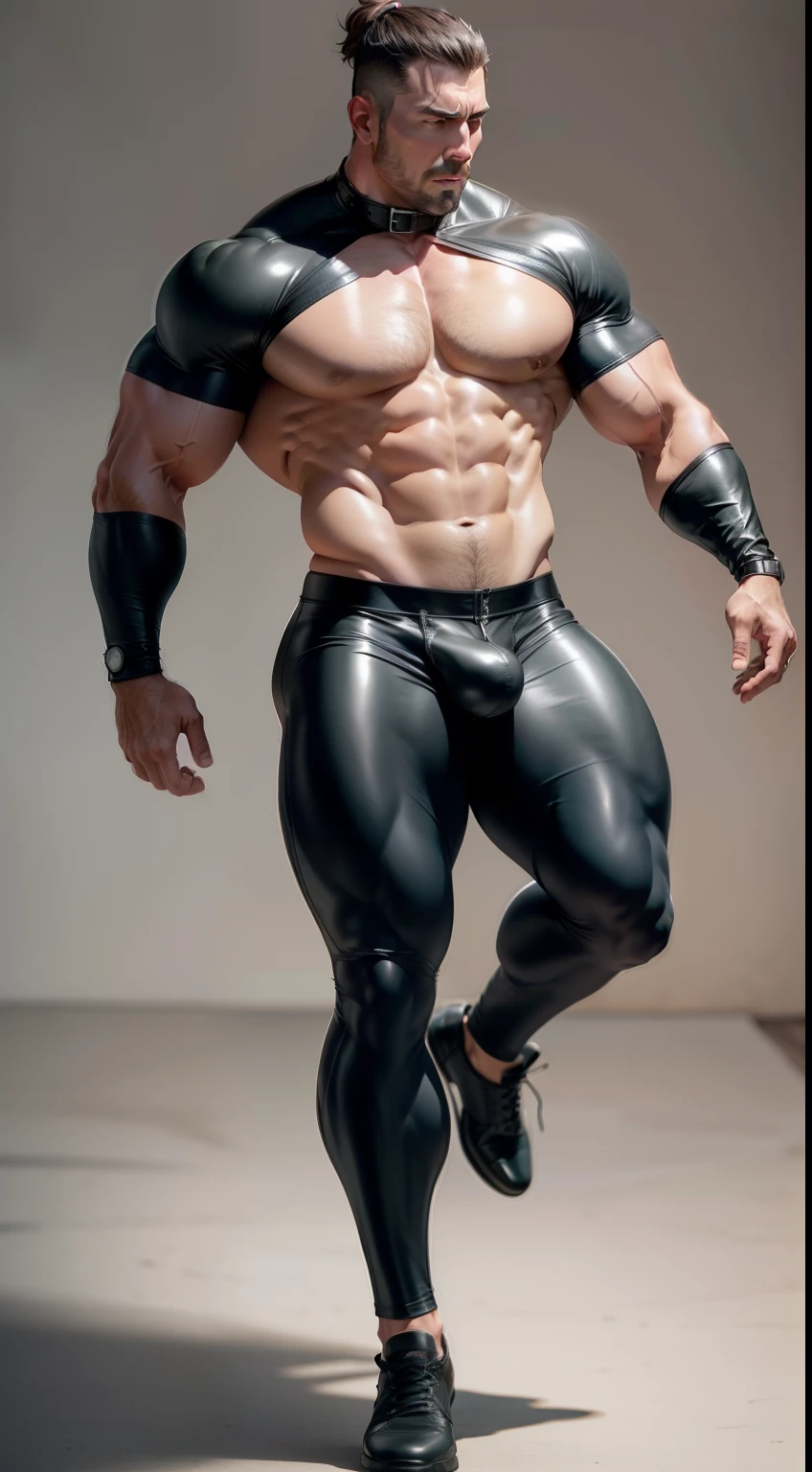 A muscular dad，Full body like，Indecent expressions，Huge crotch bulge，Unobstructed chest，The abdomen is unobstructed，The inguinal area is unobstructed，Leather collar，Tight rubber clothing was torn，Thigh-toe unobstructed，lifting one leg，From the side Side