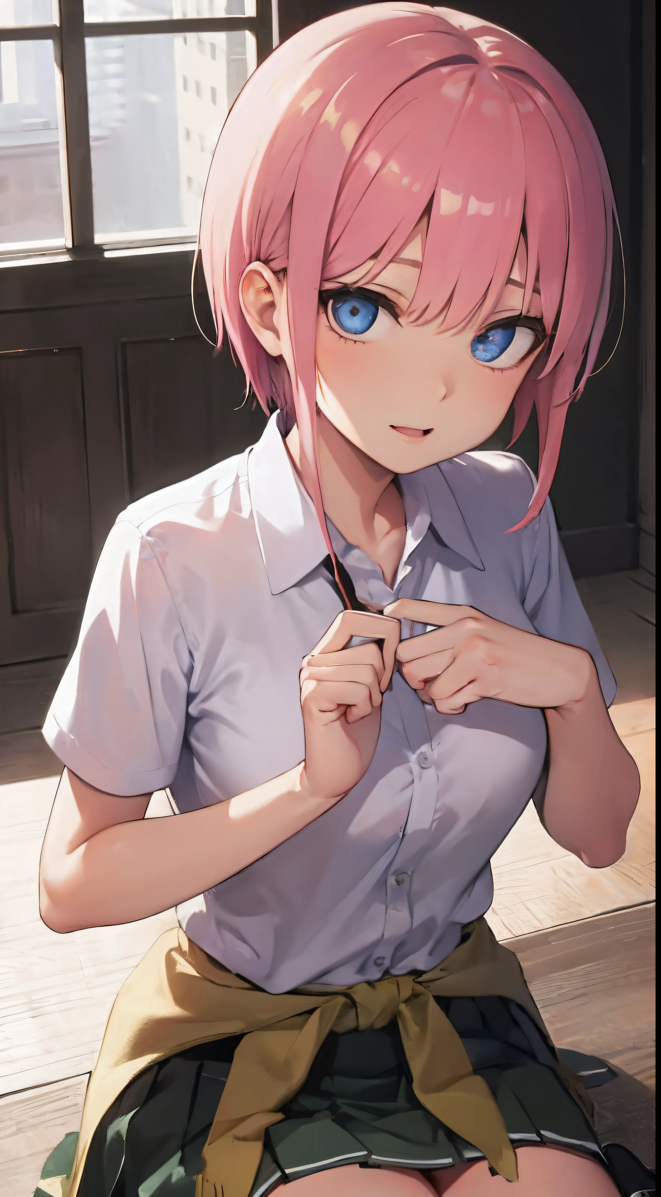 ichikanakano, ichika nakano, Short hair, Bangs, Blue eyes, hair between eye, Pink hair,
BREAK skirt, Shirt, School uniform, White shirt, Short sleeves, Pleated skirt, shoes, sox, Collared shirt, Black footwear, Sweaters, White socks, Green skirt, lowfers, clothes around waist,
Break indoors, crass room,
BREAK looking at viewer, BREAK (masutepiece:1.2), Best Quality, High resolution, Unity 8k壁纸, (Illustration:0.8), (Beautiful detailed eyes:1.6), extra detailed face, Perfect Lighting, extremely details CG, (Perfect hands, Perfect Anatomy),