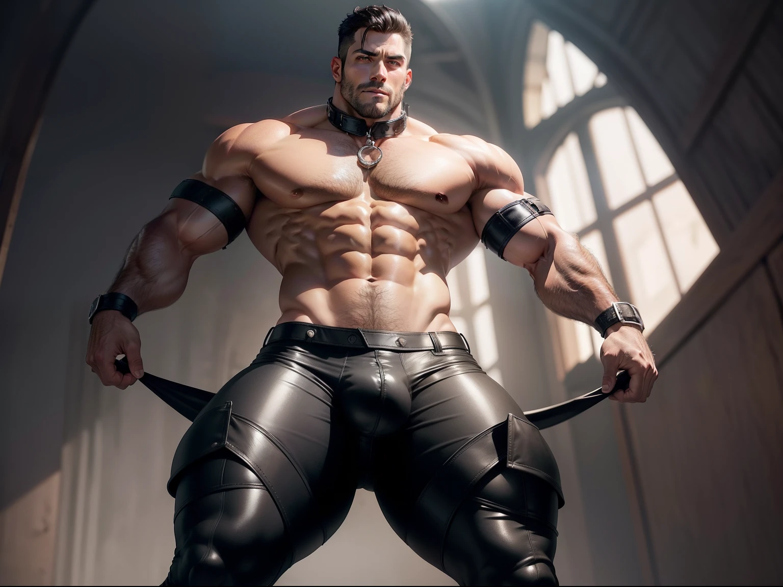 Muscular dad，Full body like，Indecent expressions，Huge crotch bulge，upper body bare，The abdomen is unobstructed，The inguinal area is unobstructed，Leather collar，Tight black briefs，Unobstructed thigh toes，One character horse