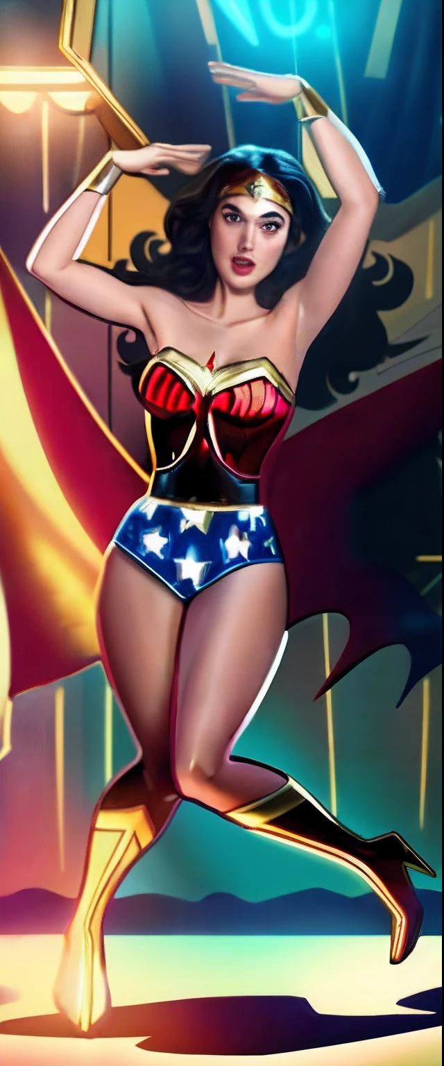 8k, uhd, best quality, photo, hyperrealistic, commercial photo, dramatic lighting, looking at viewer, scared, yelling, afraid, gal gadot wonder woman in a wonder woman costume with arms up, full body, mannequin pose, armpits, wonder woman, gal gadot wonder woman on strings, gal gadot dancing involuntarily, arms up, armpits, arms raised, arms extended, with arms up,