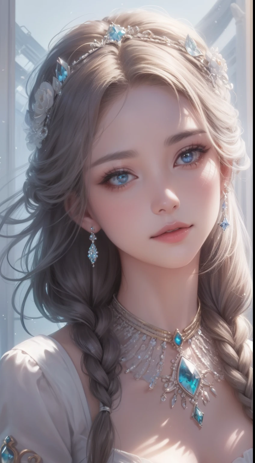 tmasterpiece,Highest high resolution,Bust of a beautiful noble maiden,Delicate braided hair,Coiled hair,Shining clear eyes,The hair is covered with beautiful and delicate jewelry floral craftsmanship, crystal、Diamond jewelry filigree,Ultra-detailed details,upscaled,softlighting。