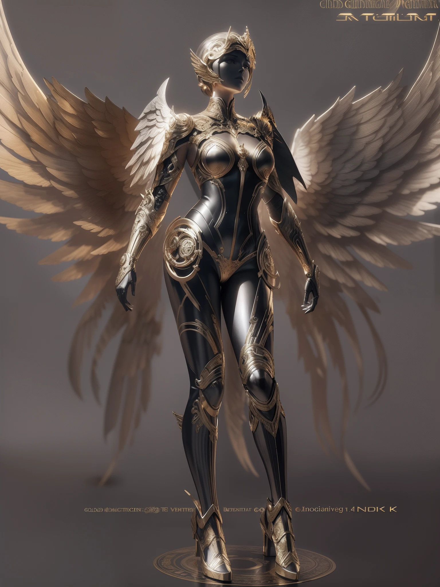 :Mechanical style,golden theme,(1 mechanical female angel,anatomy correct,full bodyesbian,Golden wings,standing on your feet,circular base),Black and white background,(3Drenderingof,best qualtiy,the detail,tmasterpiece,Social art,Cinematic lighting effects,4K,Chiaroscuro)