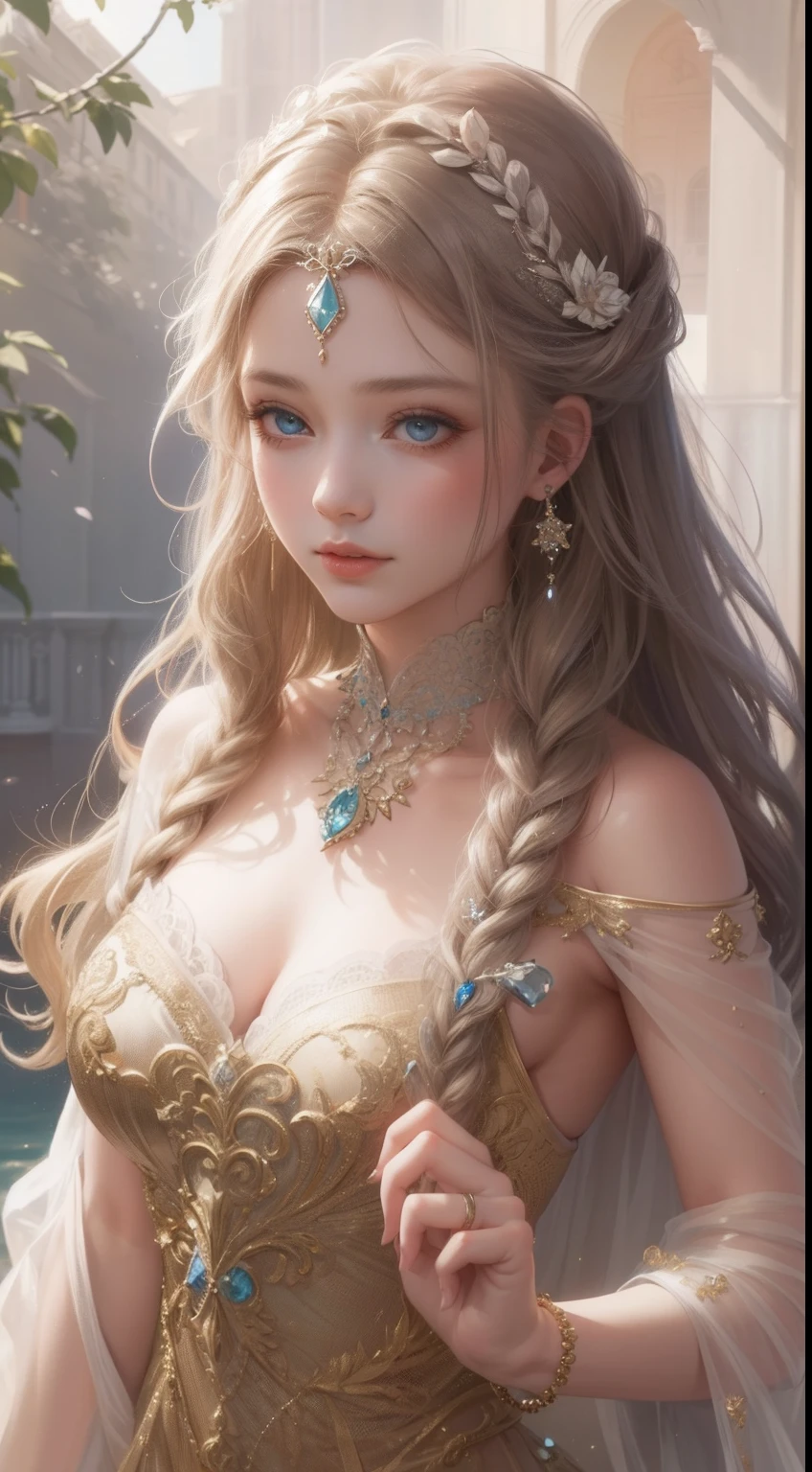 tmasterpiece，Highest high resolution，Bust of a beautiful noble maiden，Delicate braided hair，Coiled hair，Shining clear eyes，The hair is covered with beautiful and delicate jewelry floral craftsmanship, crystal、Diamond jewelry filigree，Ultra-detailed details，upscaled，softlighting。