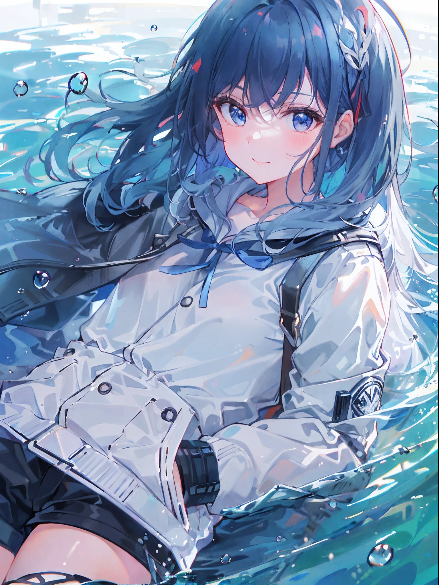 ((top-quality)), ((​masterpiece)), ((ultra-detailliert)), (extremely delicate and beautiful), girl with, 独奏, cold attitude,((Black jacket)),She is very(relax)with  the(Settled down)Looks,A dark-haired, depth of fields,evil smile,Bubble, under the water, Air bubble,bright light blue eyes,Inner color with light blue hair and dark blue tips,Cold background,Bob Hair - Linear Art, shortpants、knee high socks、White uniform like school uniform、Light blue ribbon ties、Clothes are sheer、Hands in pockets