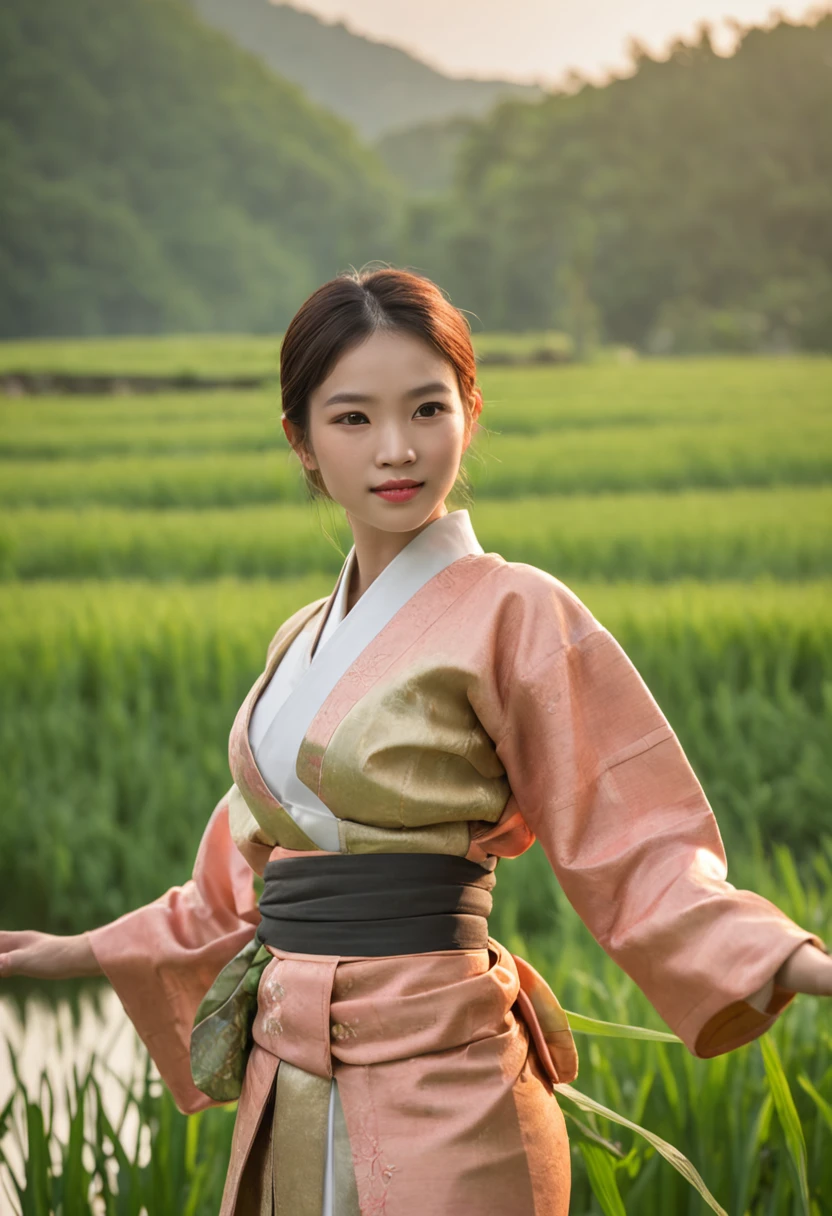 a beautiful young woman The landscape transforms into a lush, verdant paradise. The rice fields stretch endlessly, their mirrored surfaces reflecting the sun's golden rays. Villagers, dressed in yukata, tend to the fields with rhythmic precision, their laughter and chatter creating a harmonious backdrop. A nearby river flows gently, its water sparkling like a ribbon of liquid sapphire. art easel stands amidst a meadow of wildflowers, offering her a perfect view of the sun setting behind distant mountains. Fireflies dance like living stars, casting their soft, enchanting glow across the landscape.