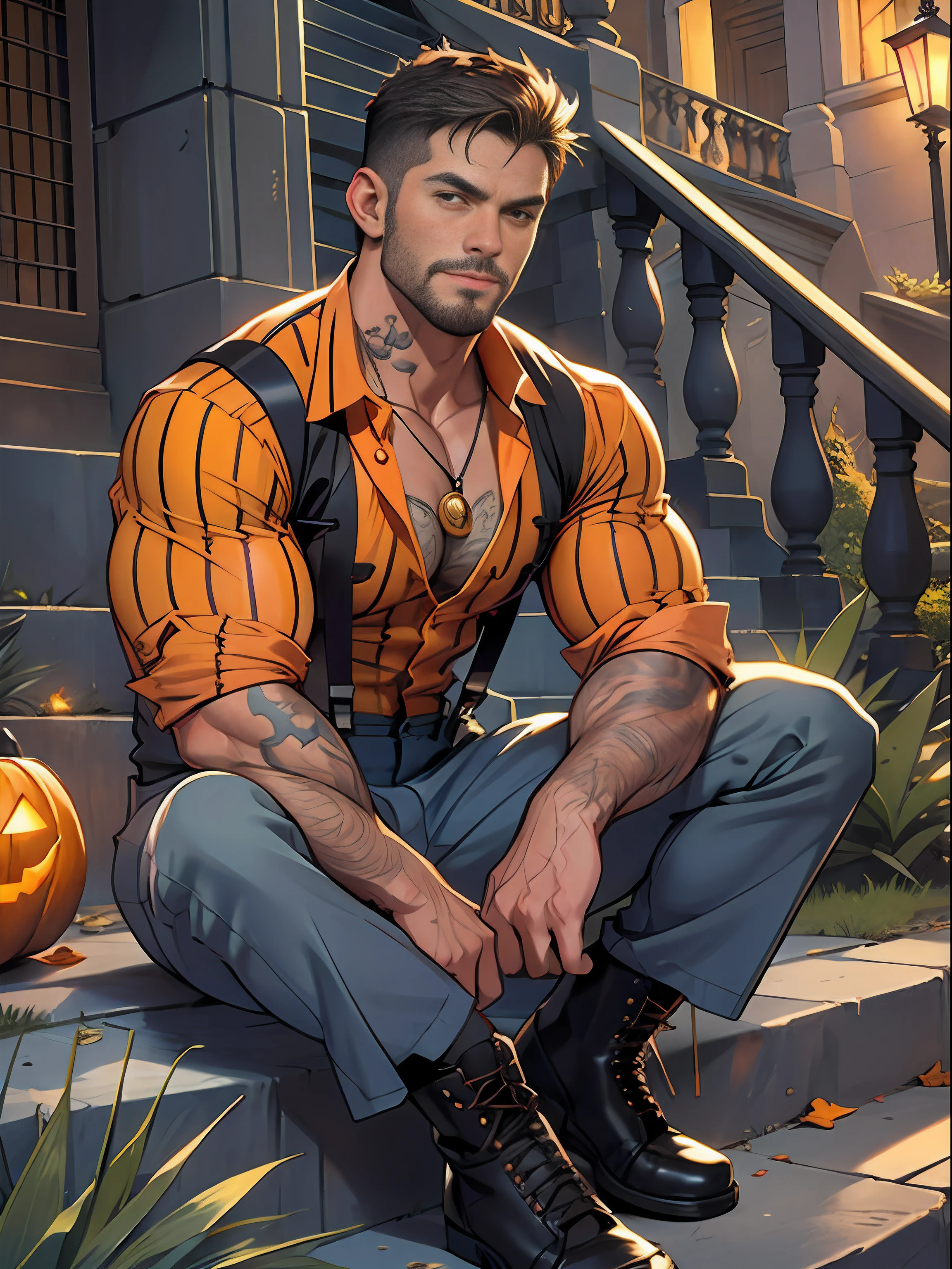 30 years old, big eyes, male, stubble, short hair, huge muscles, exaggerated muscles, mature man, muscle swelling, bodybuilding, pectoral muscles, abs, in the courtyard of European sculpture, jack-o'-lantern, orange striped shirt, open shirt, pumpkin badge, jack-o'-lantern necklace, orange black striped swim briefs, white long cotton socks, natural light, wet body, wheat-colored skin, 1man, tattoo on forearm, Halloween ornaments, night, sitting on a floral blanket with hearty festive food on the blanket, egg tarts, Picnic basket, chips, pizza, coke, legs stretched forward, crotch swollen bulge