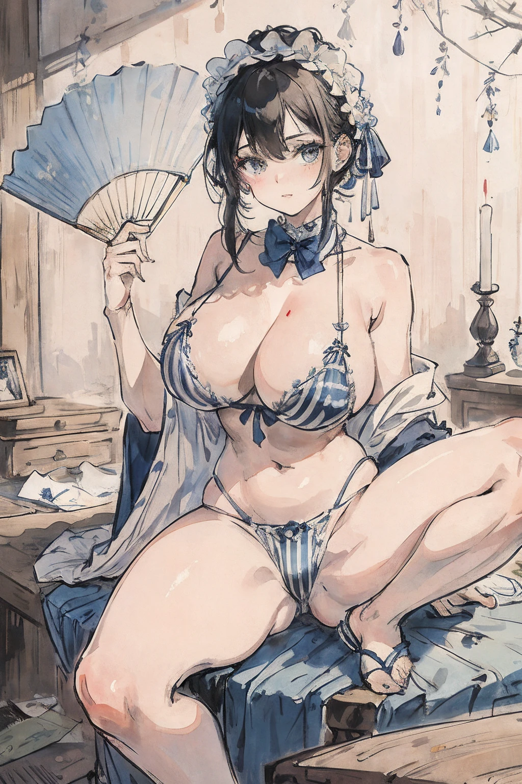 (tmasterpiece,best qualtiy:1.2),oil painted,huge tit,Blue and white striped bra,Sit Pose,opening legs,Take a fan